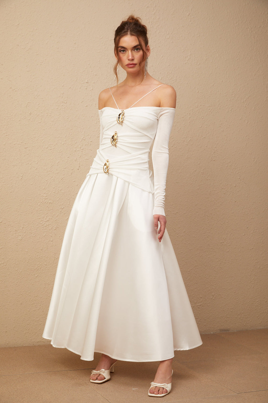 Nadine off-shoulder panelled maxi dress in White