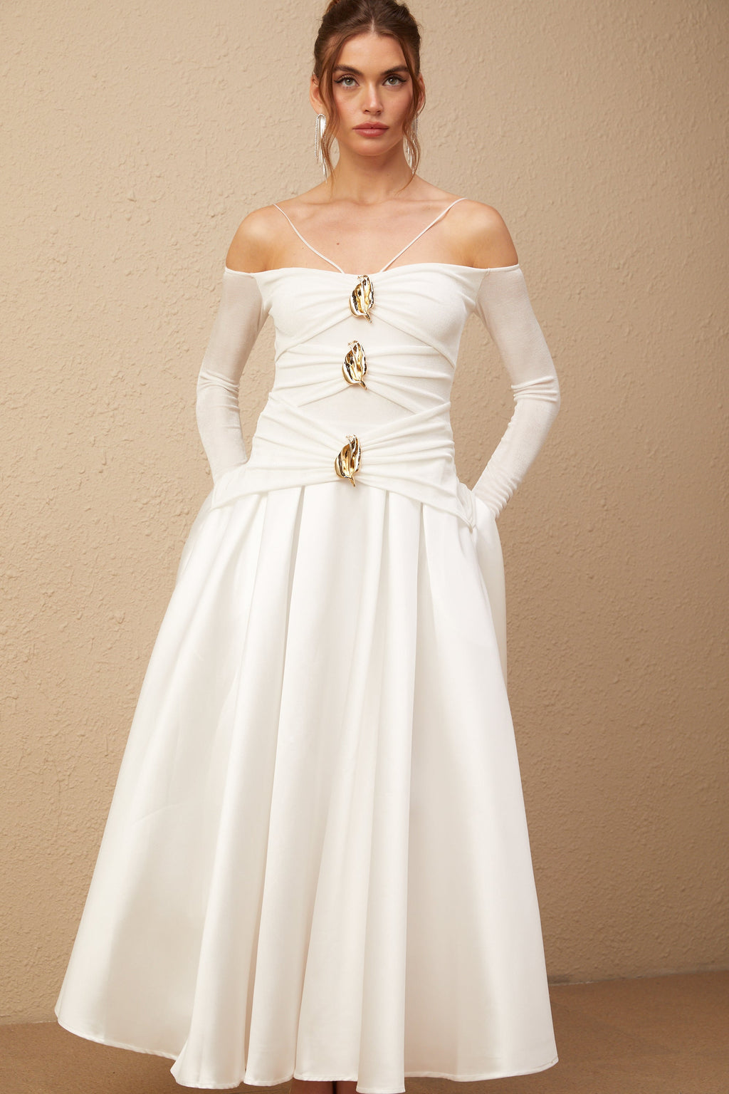 Nadine off-shoulder panelled maxi dress in White