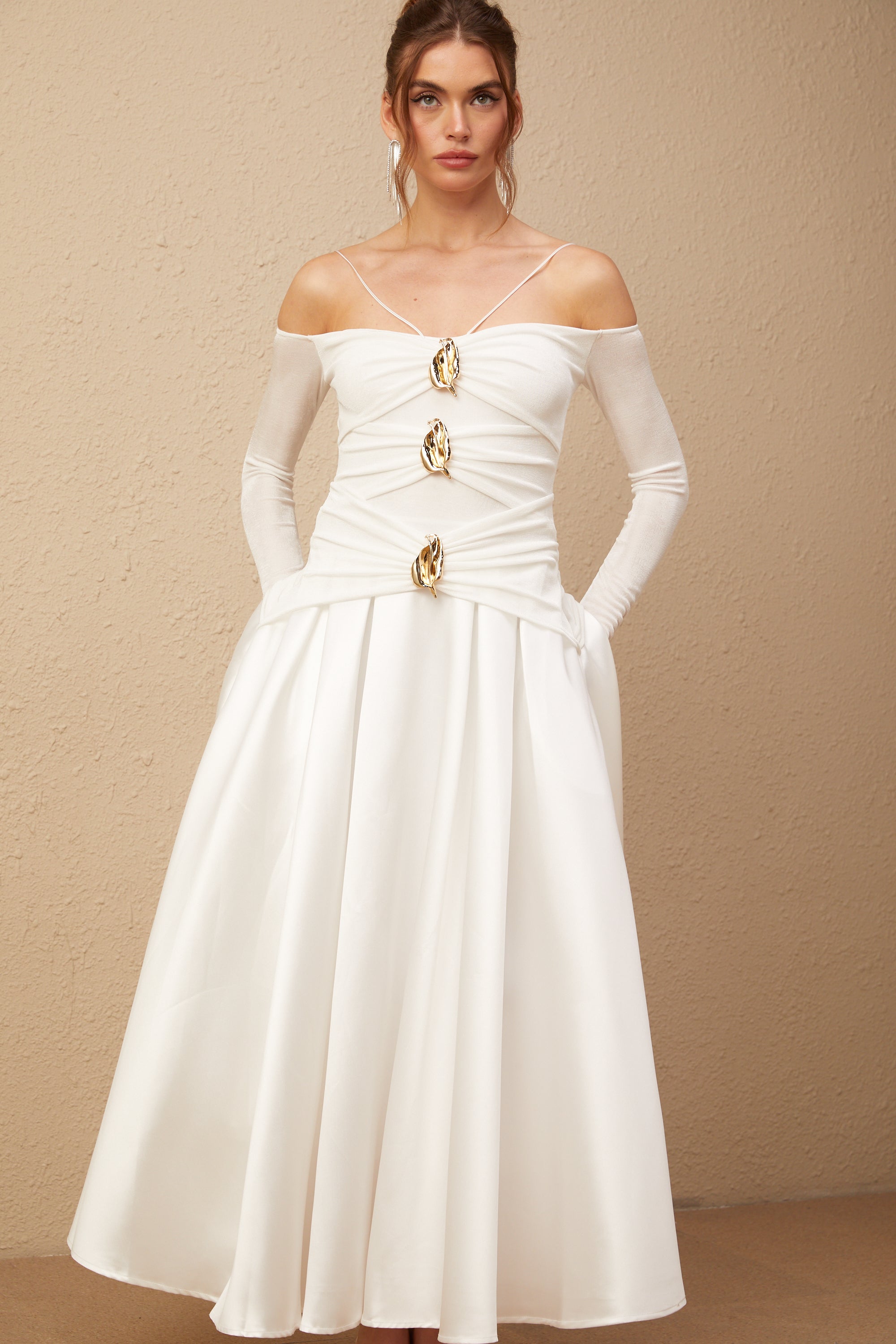 Nadine off-shoulder panelled maxi dress in White