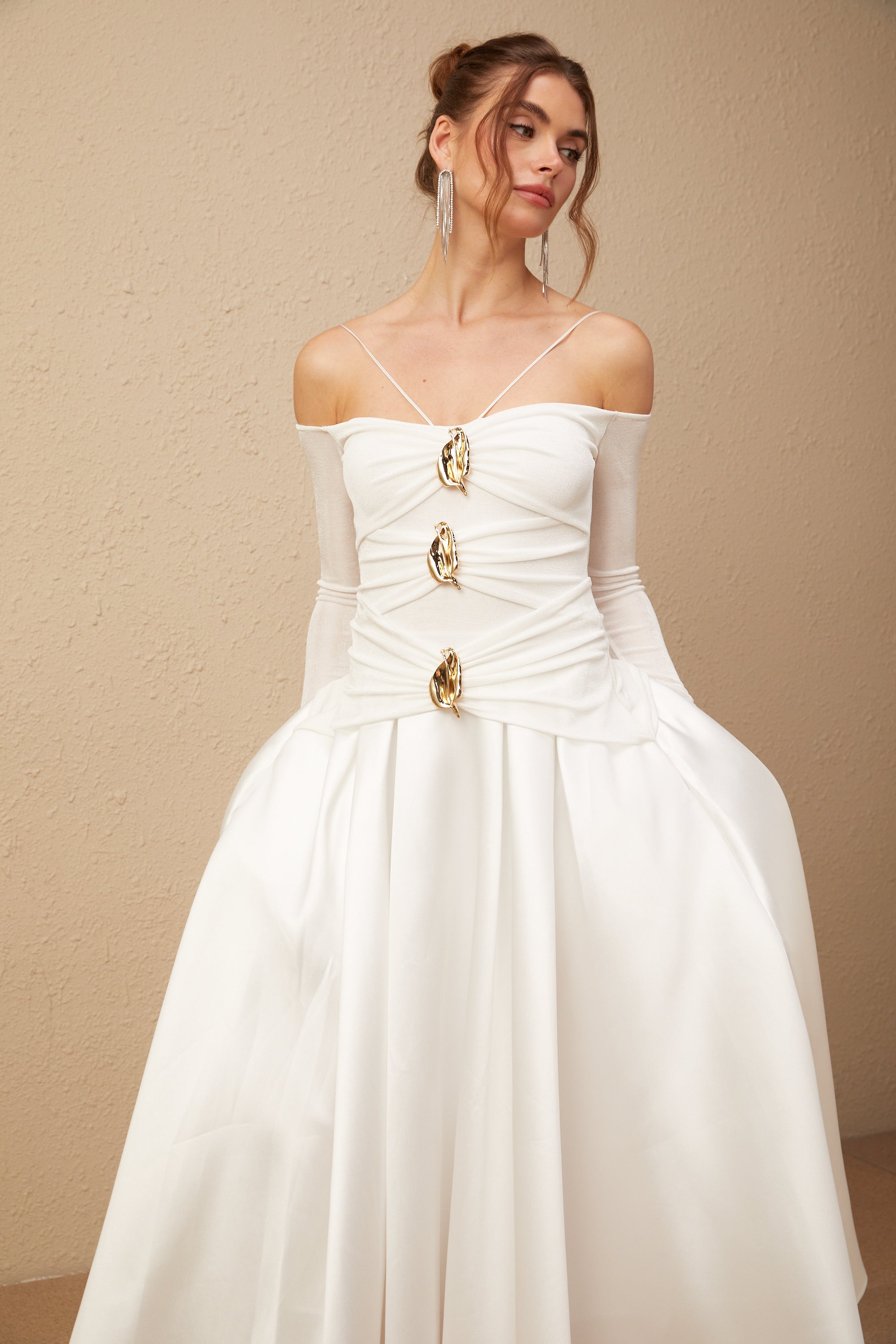 Nadine off-shoulder panelled maxi dress in White