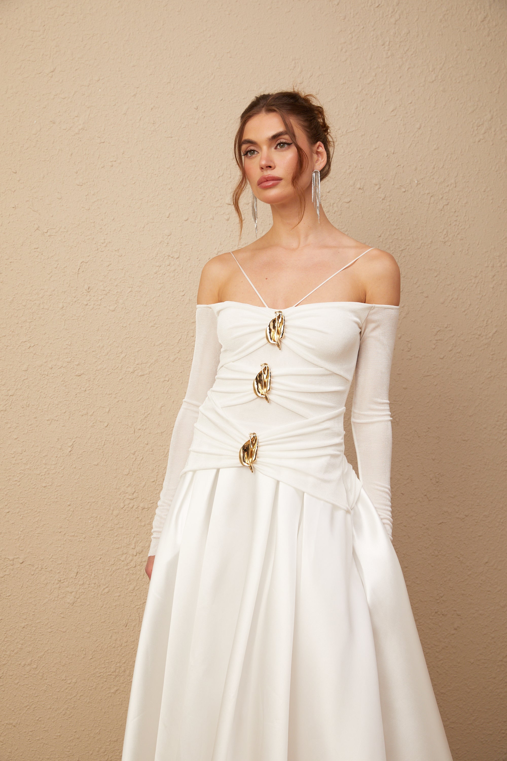 Nadine off-shoulder panelled maxi dress in White