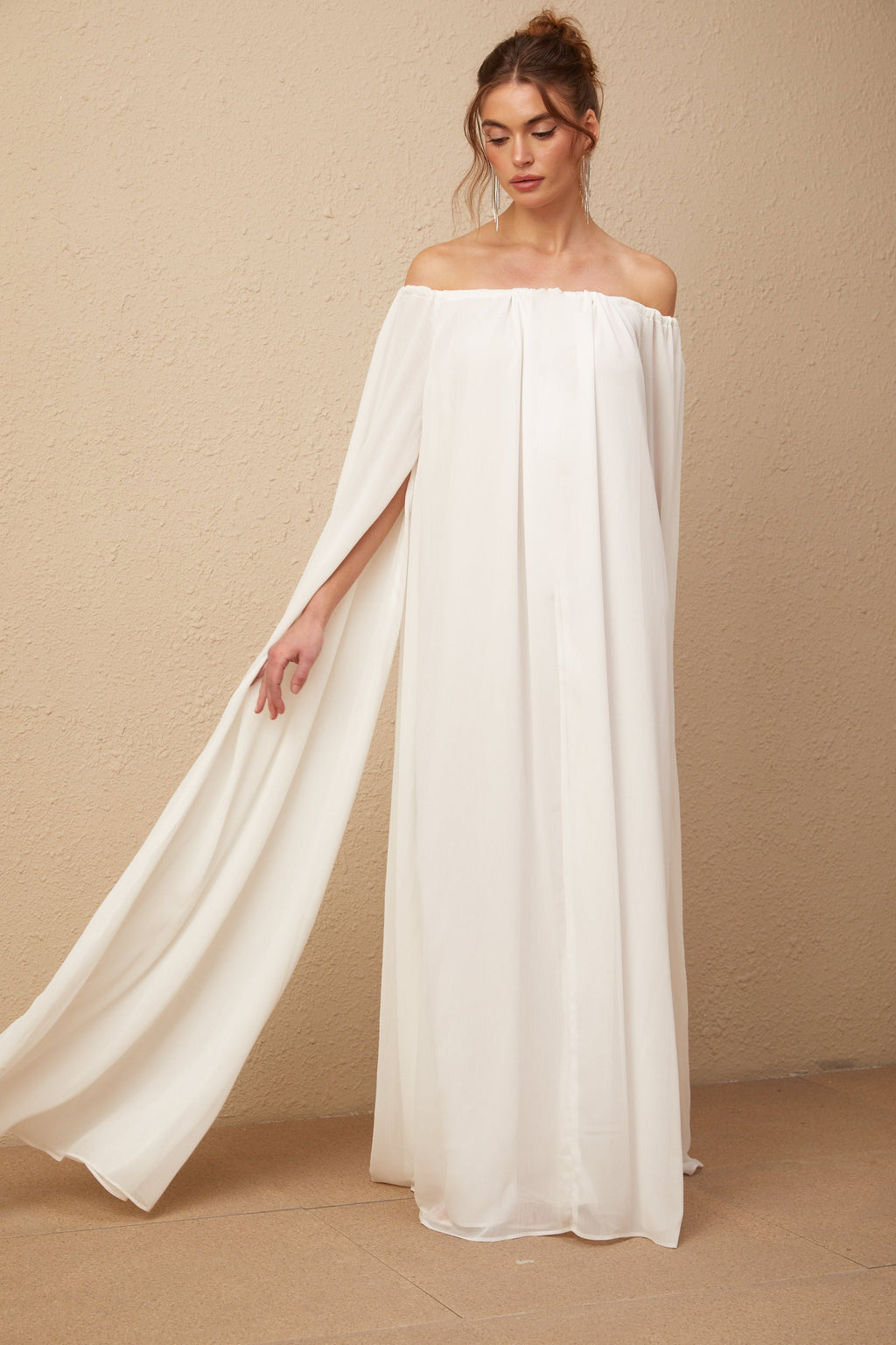Patrizia white cape-design draped tulle maxi dress
