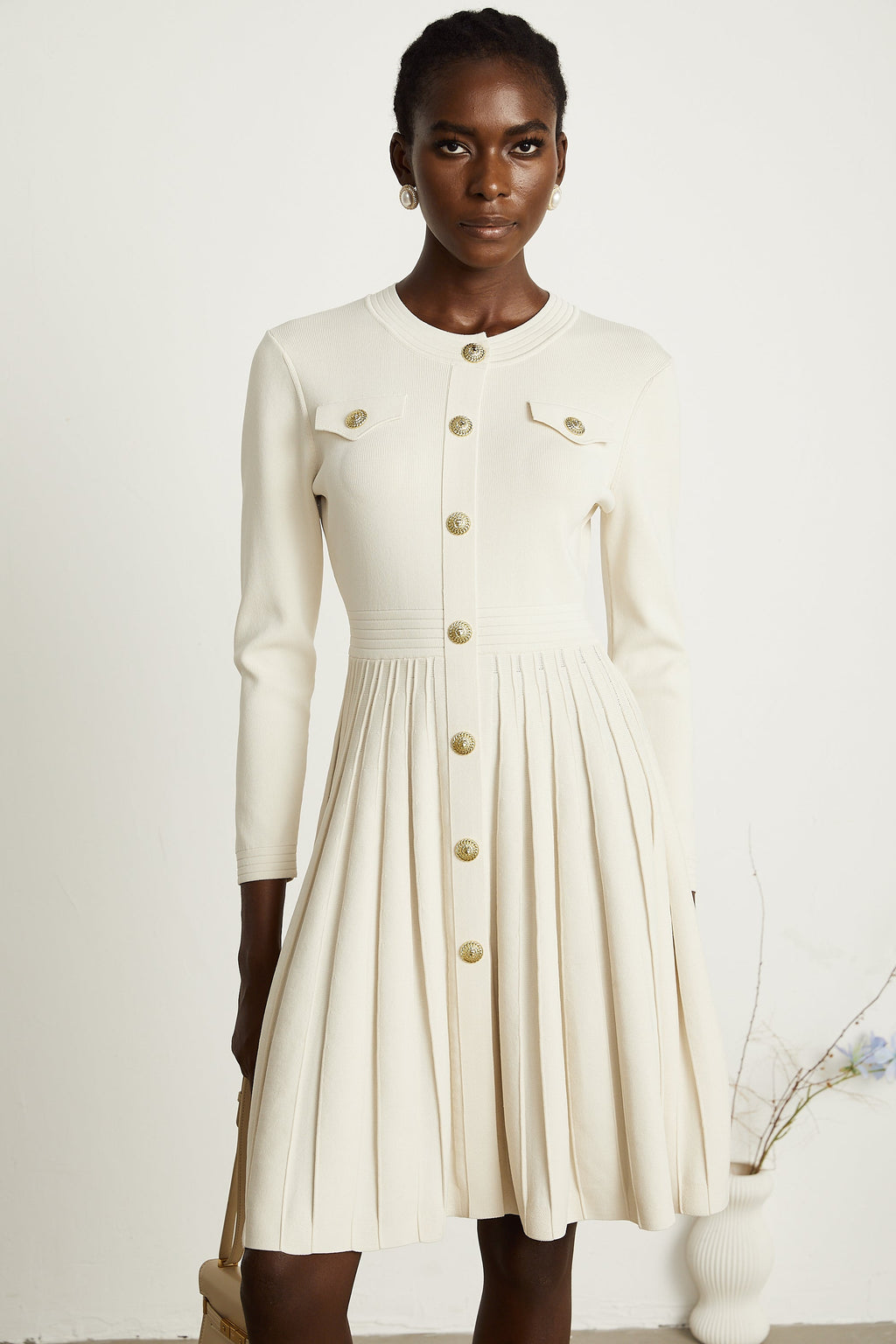 Robe mini plissée blanche en maille Bérengère