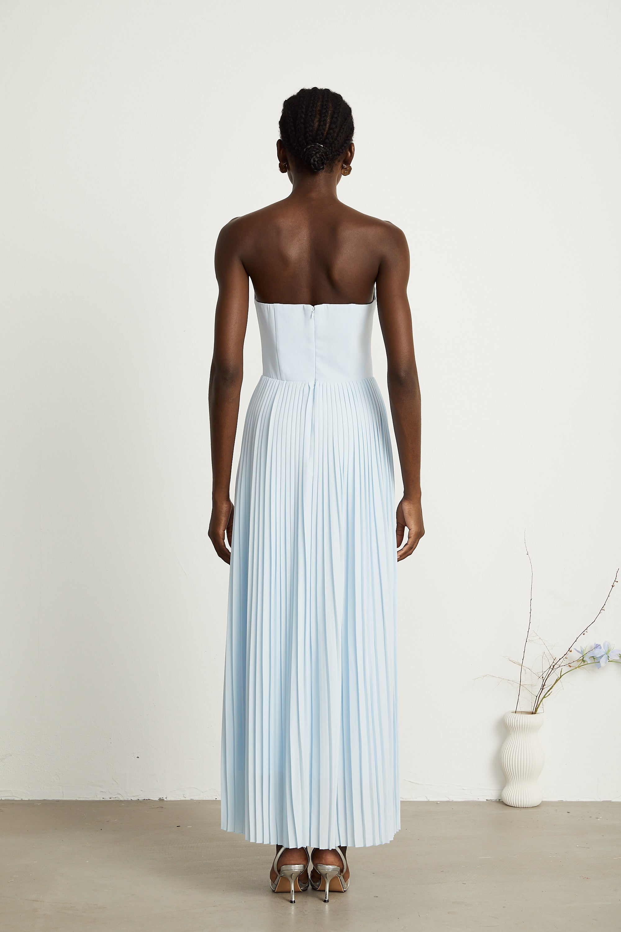 Carlotta blue pleated corset maxi dress