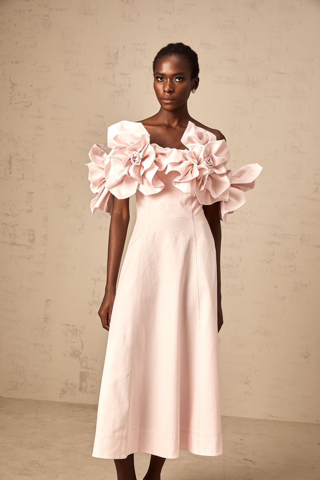 Juliette pink off-shoulder 3D-petal midi dress