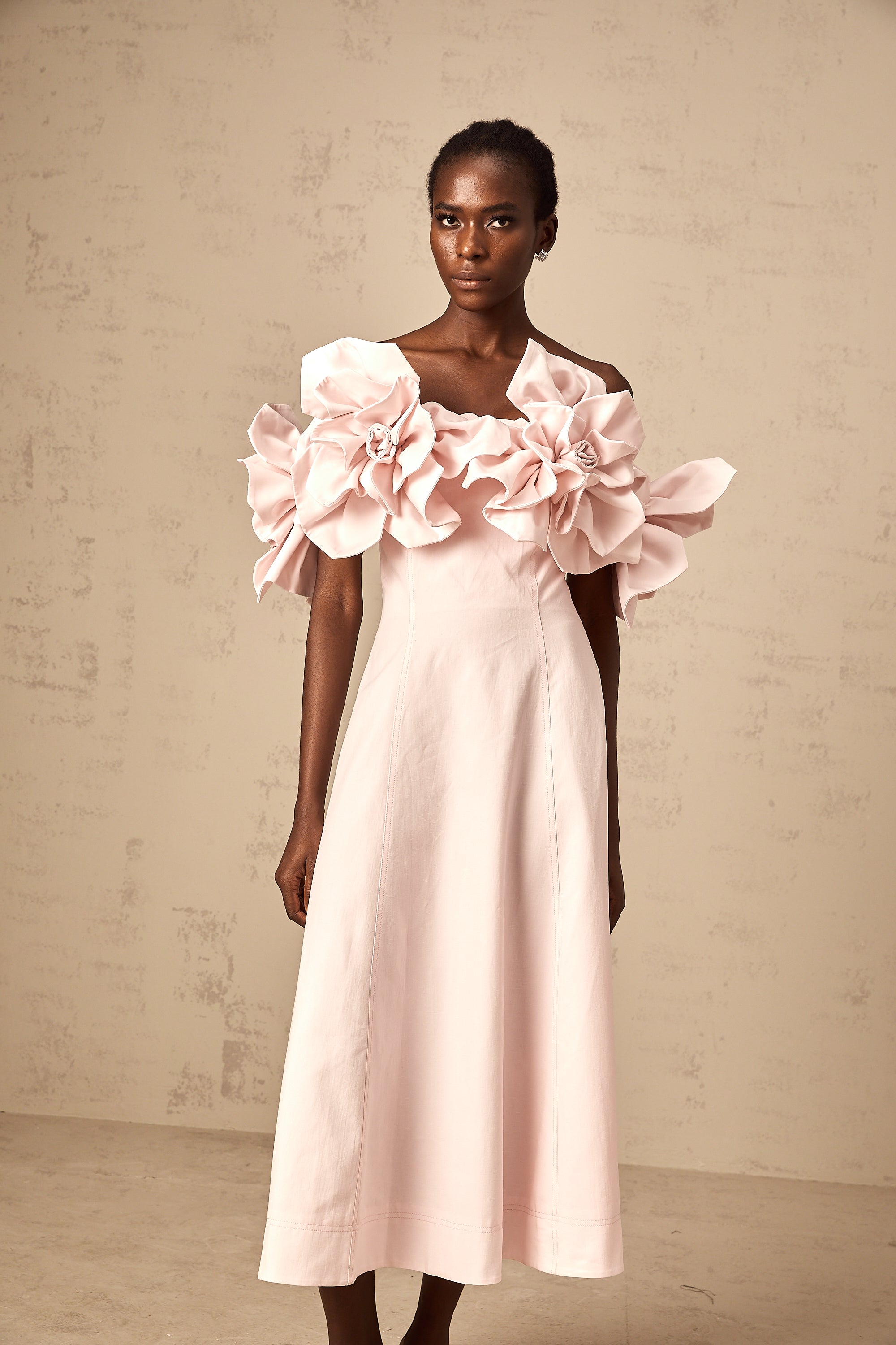 Juliette pink off-shoulder 3D-petal midi dress