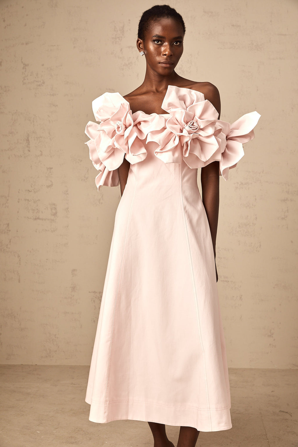 Juliette pink off-shoulder 3D-petal midi dress