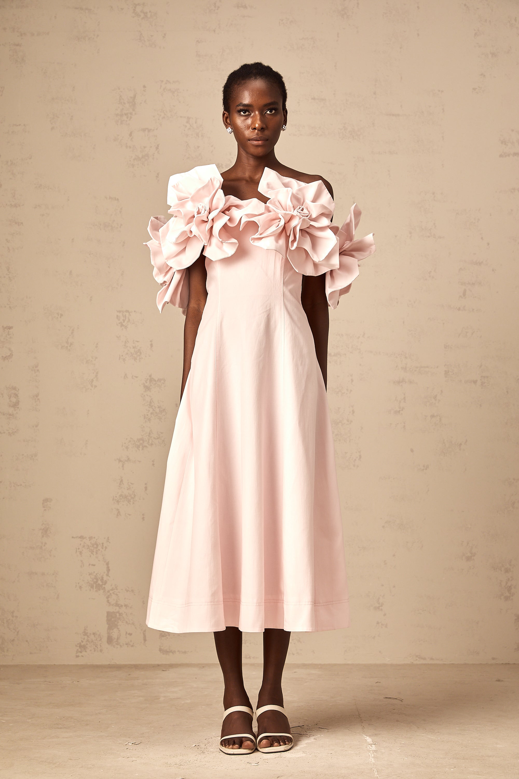 Juliette pink off-shoulder 3D-petal midi dress