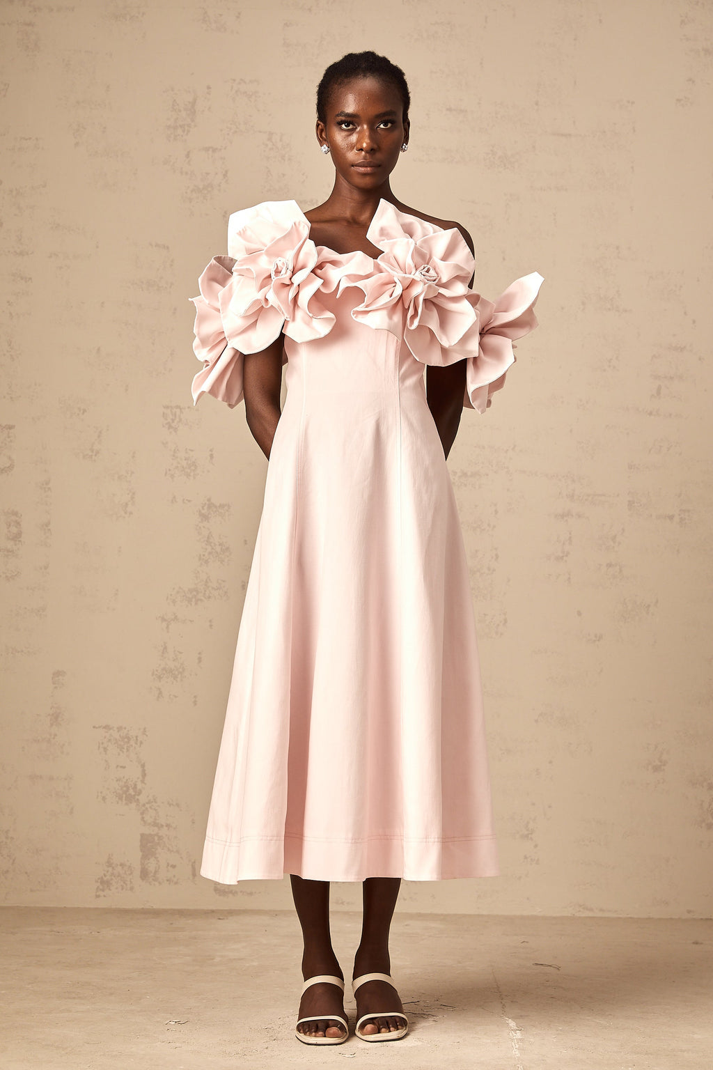Juliette pink off-shoulder 3D-petal midi dress