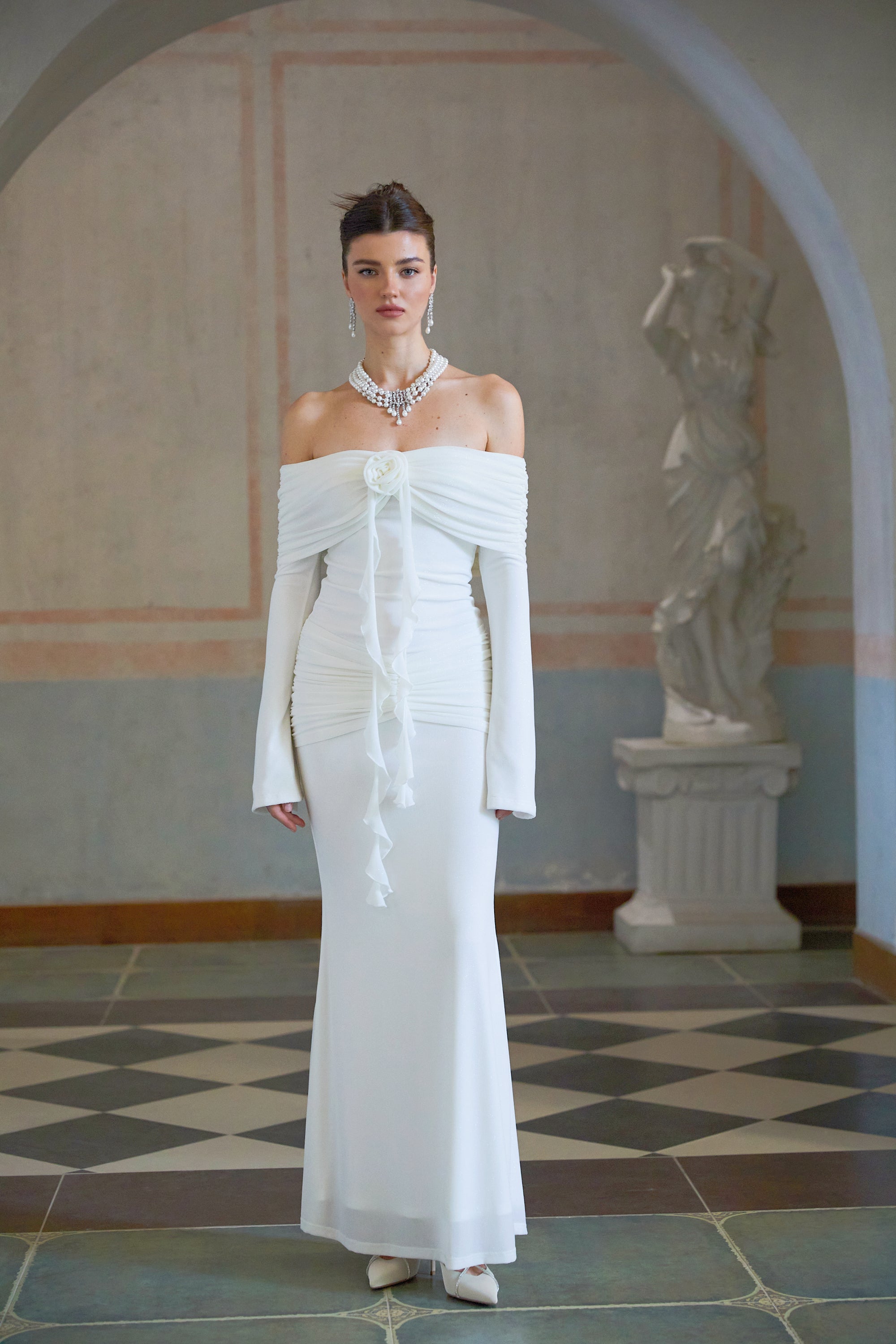 Wanda white glittered floral-appliqué knit maxi dress