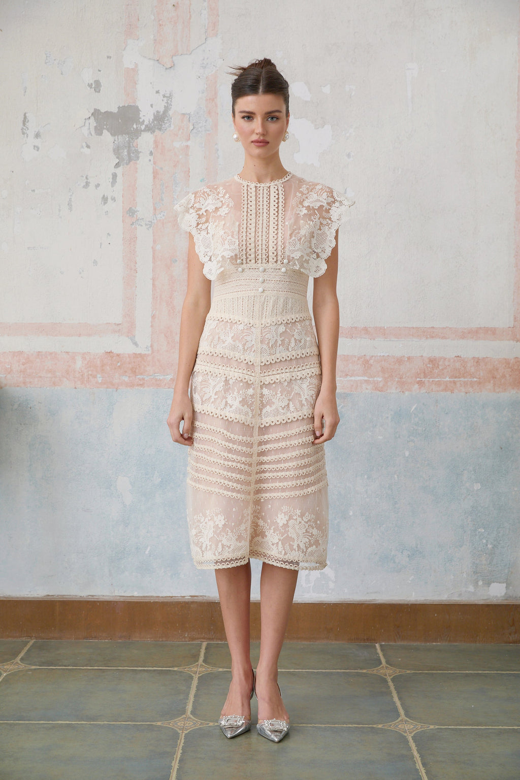 Fleur floral-embroidered lace midi dress in Neutrals