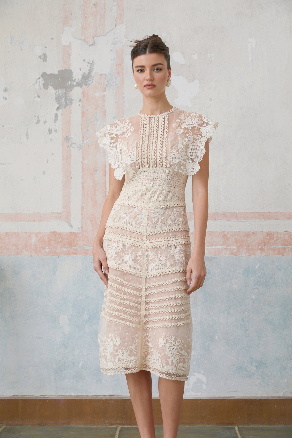 Fleur floral-embroidered lace midi dress in Neutrals