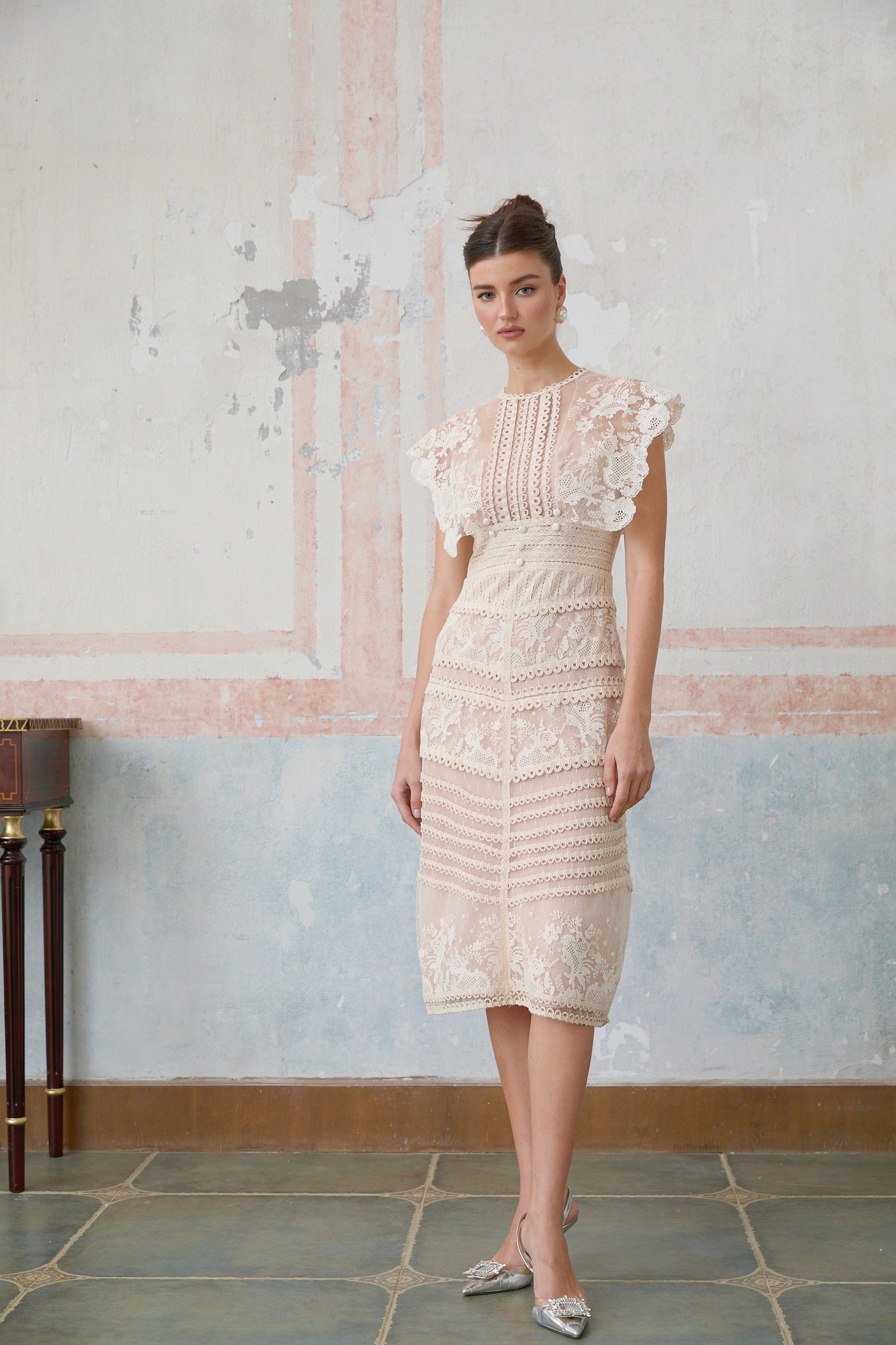 Fleur floral-embroidered lace midi dress in Neutrals