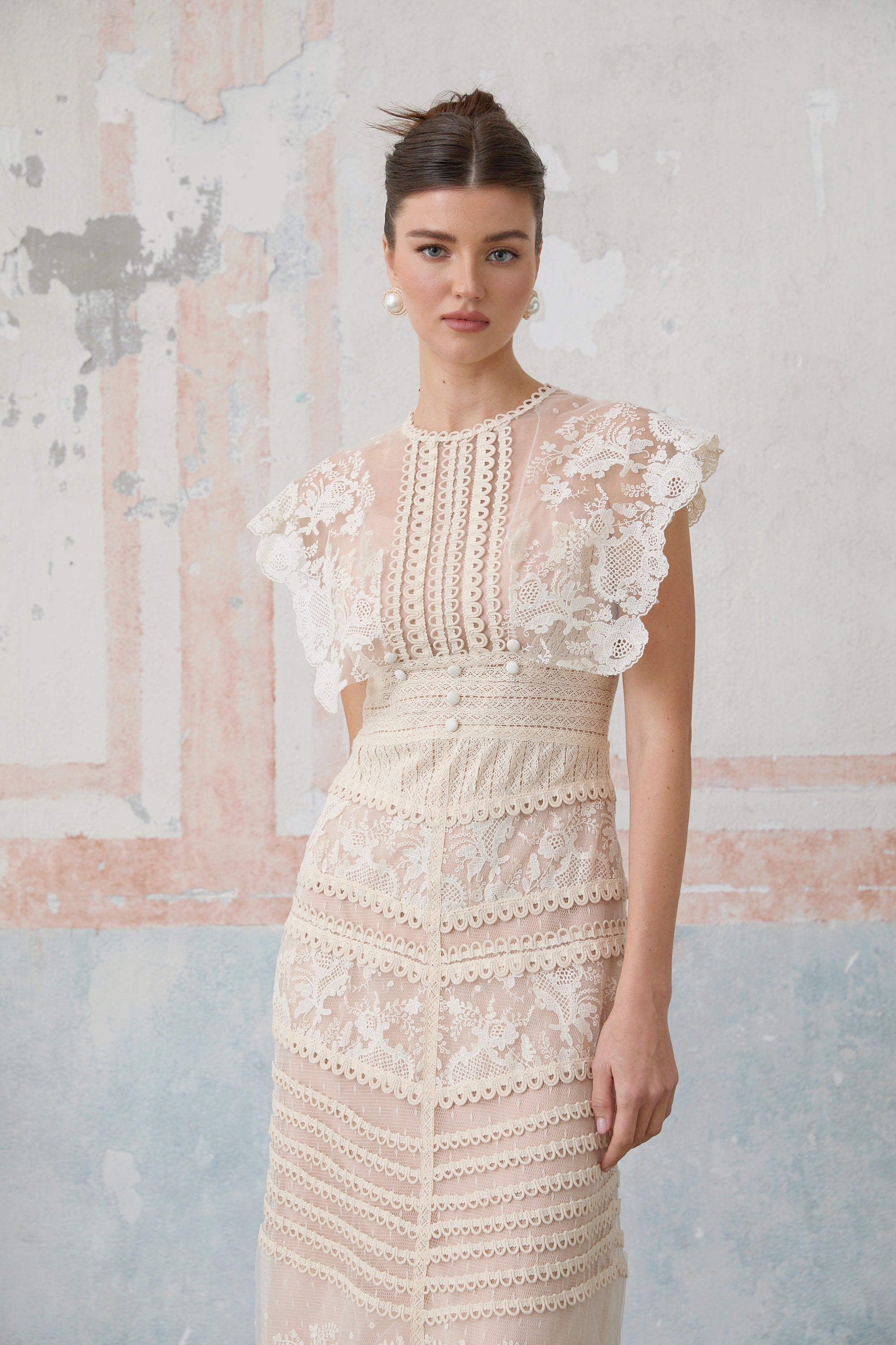 Fleur floral-embroidered lace midi dress in Neutrals