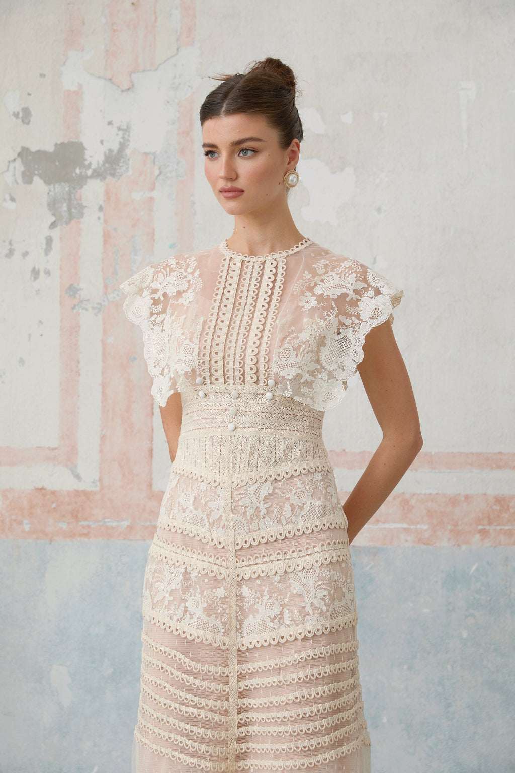 Fleur floral-embroidered lace midi dress in Neutrals