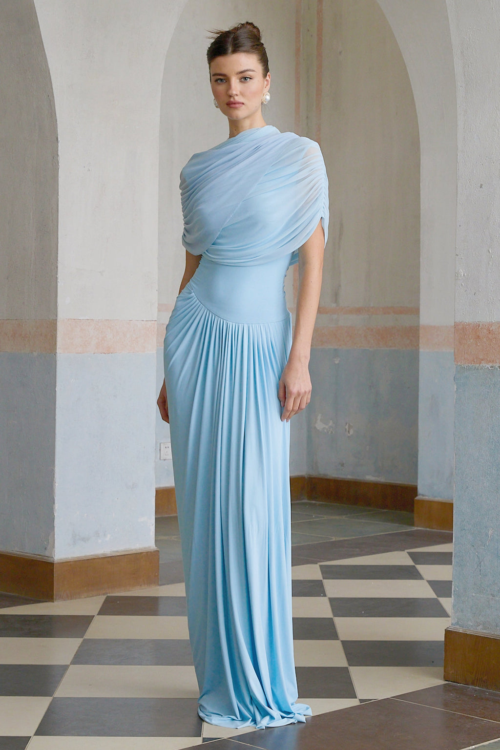 Catherine asymmetrical pleated maxi dress in Baby-blue