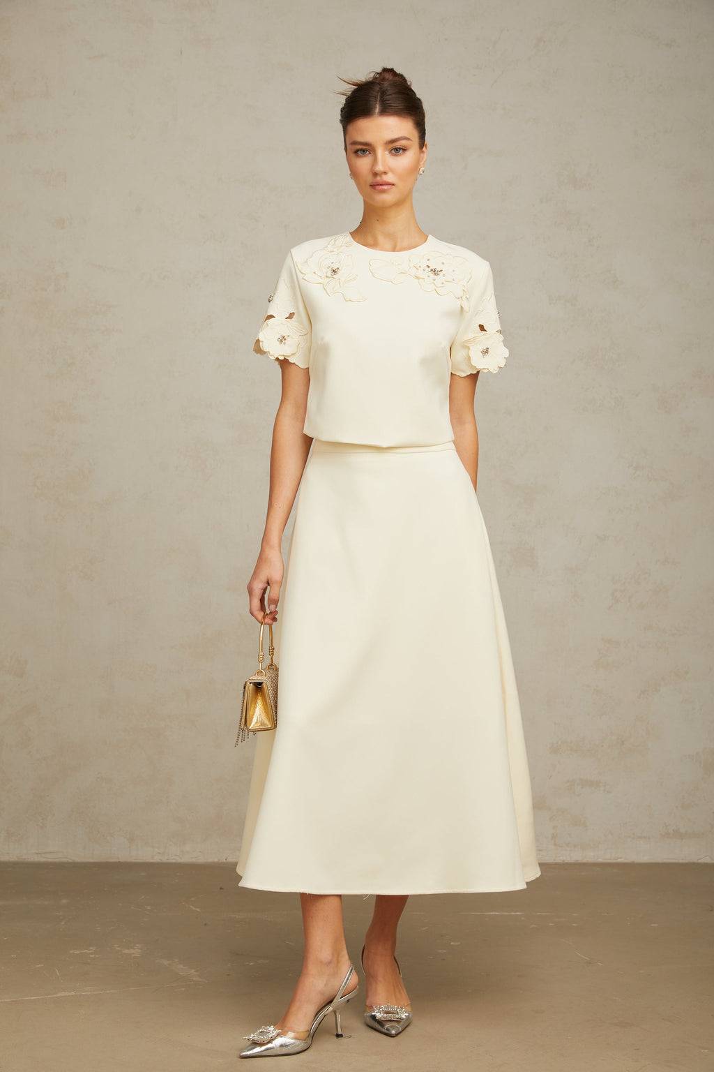 Coralie neutrala 3D-blommiga topp- och kjolset med matchande mönster