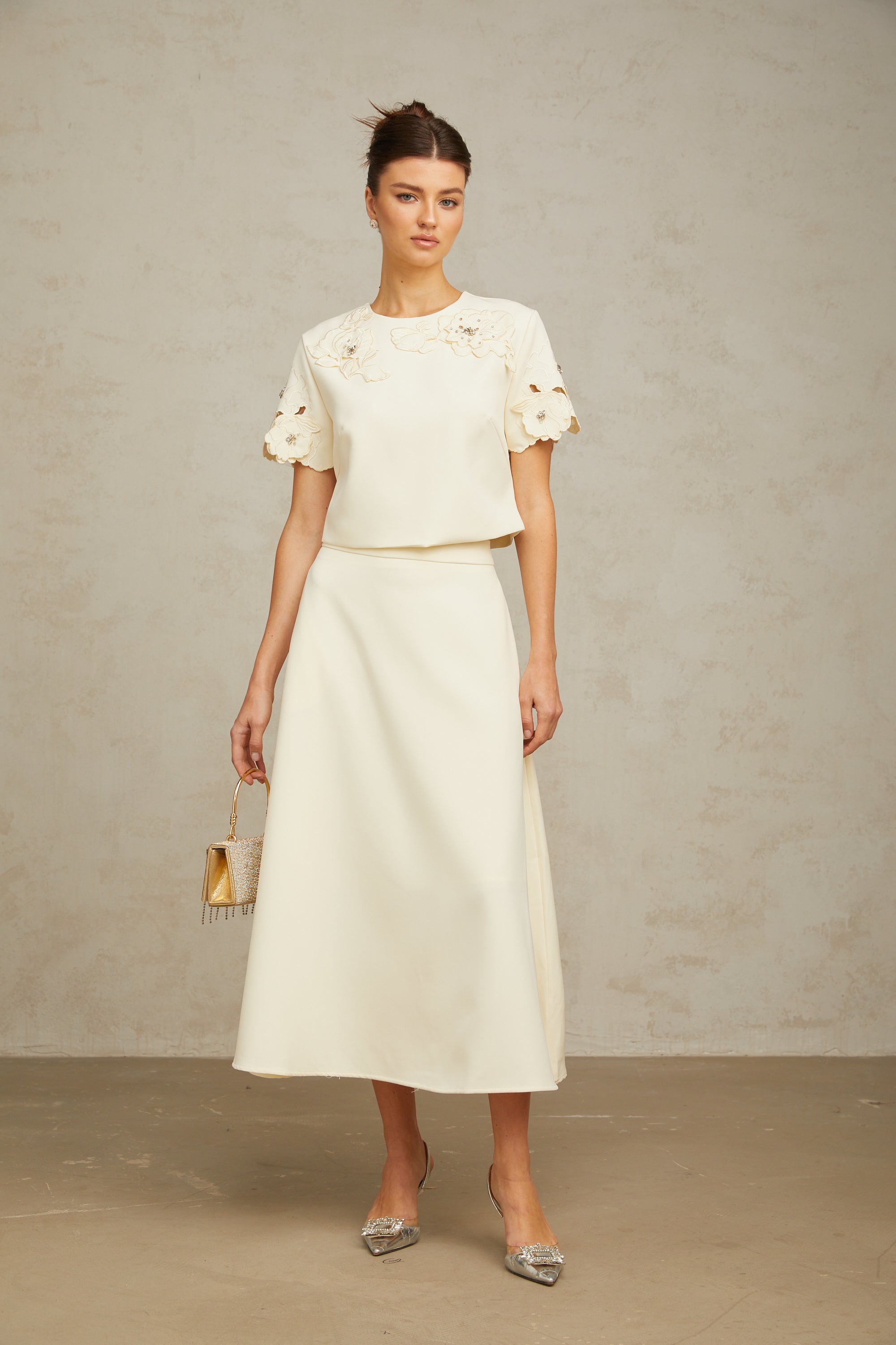 Coralie neutrala 3D-blommiga topp- och kjolset med matchande mönster