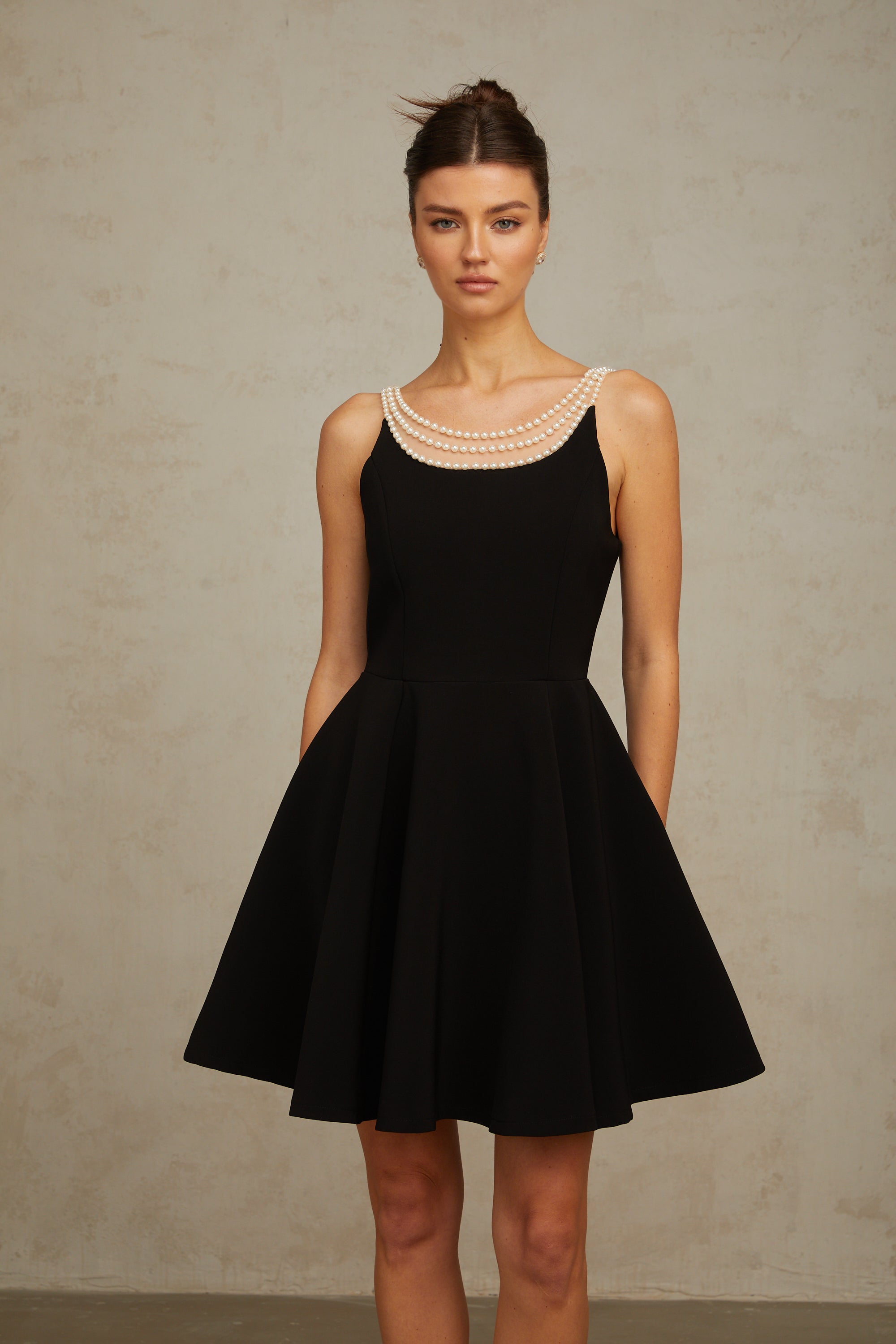 Danaé black faux-pearl-embellished mini dress