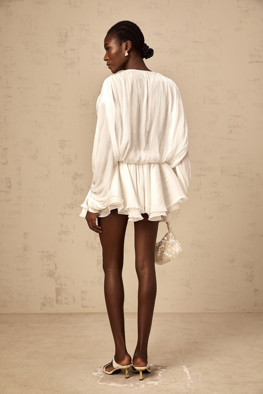 Mahault white pleated glitter-effect mini dress