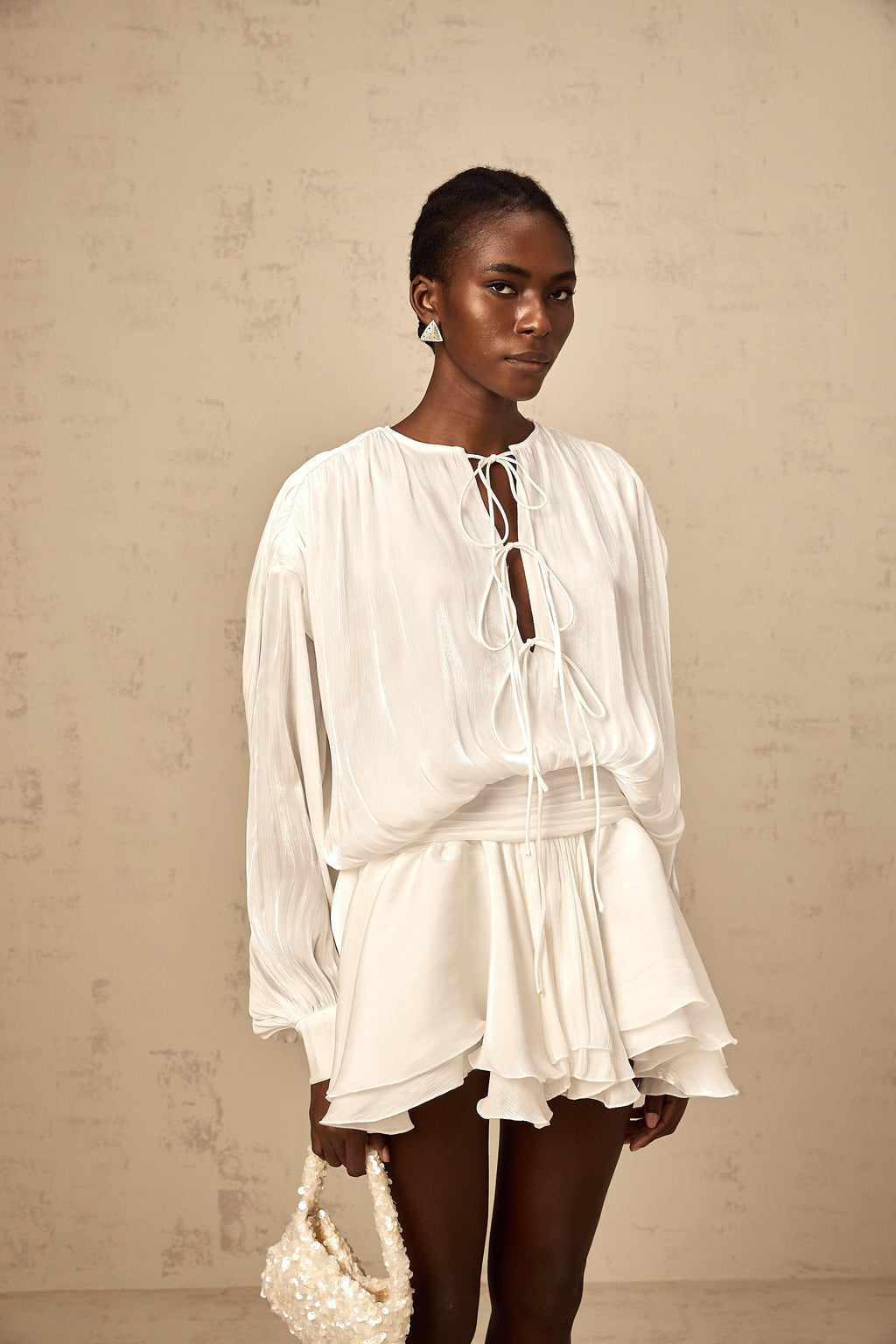 Mahault white pleated glitter-effect mini dress