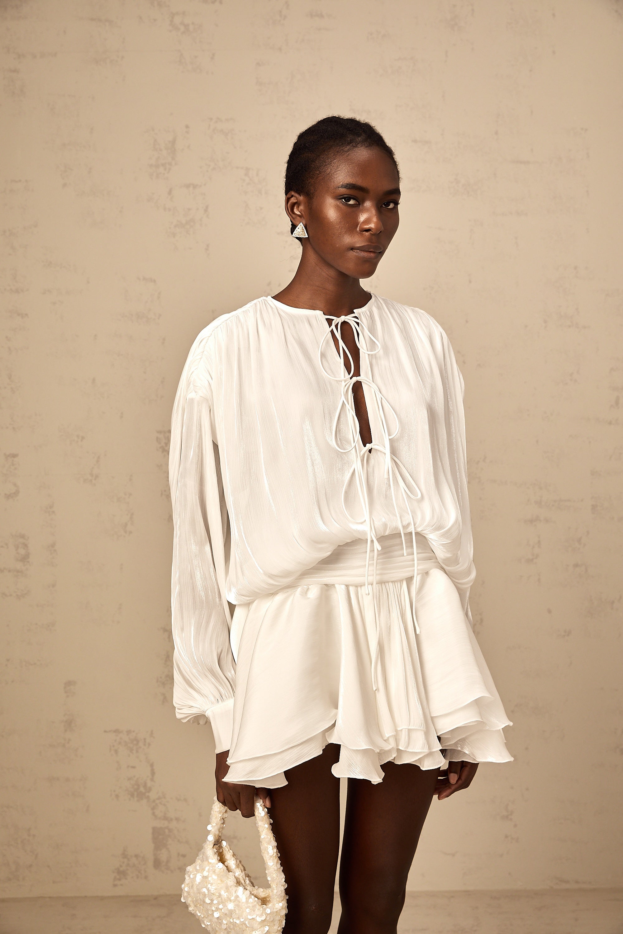 Mahault white pleated glitter-effect mini dress