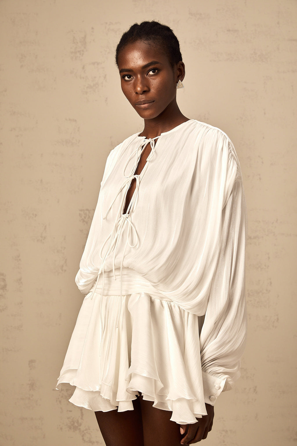 Mahault white pleated glitter-effect mini dress