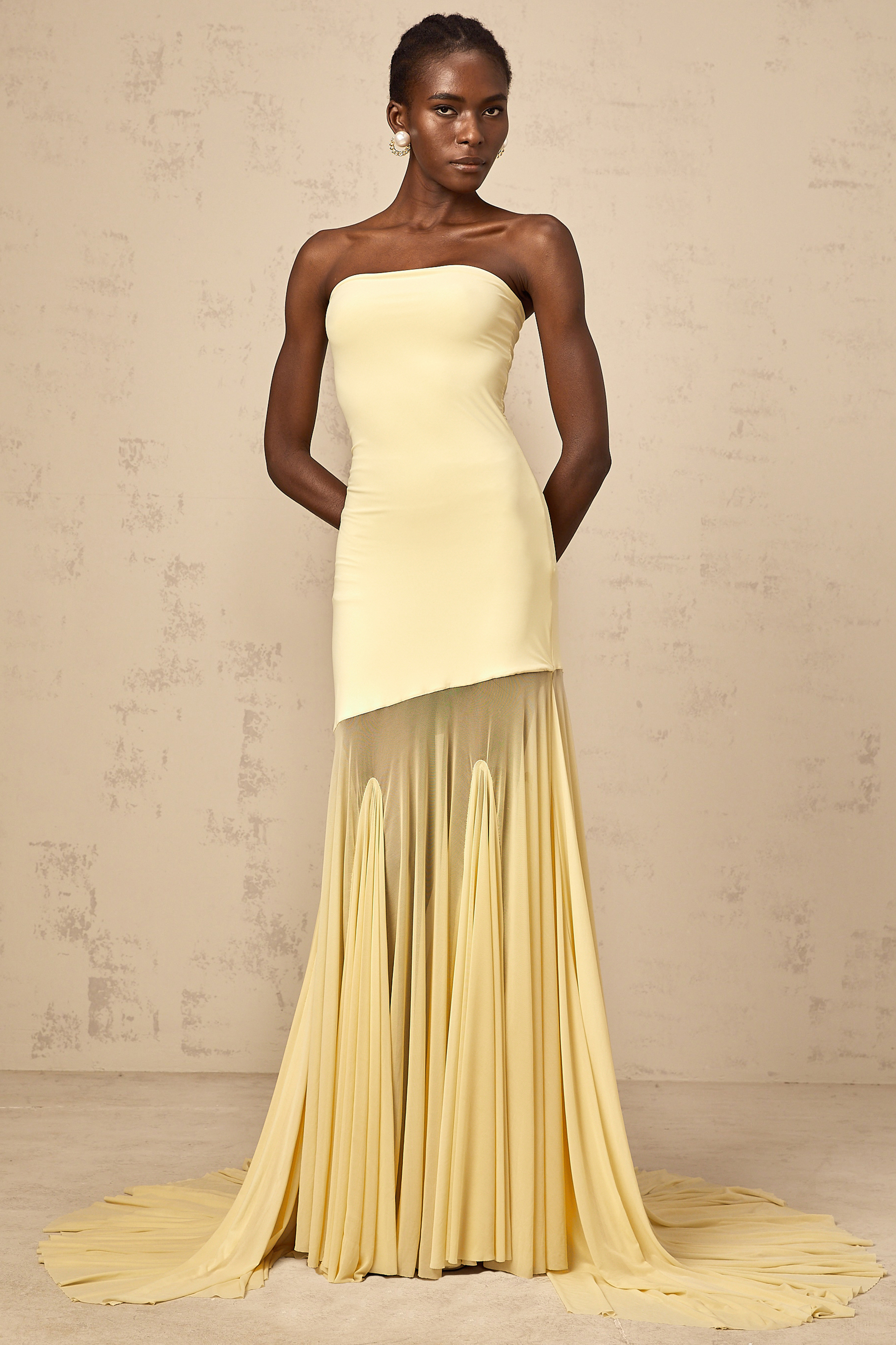 Josiane yellow off-shoulder sheer tulle maxi dress