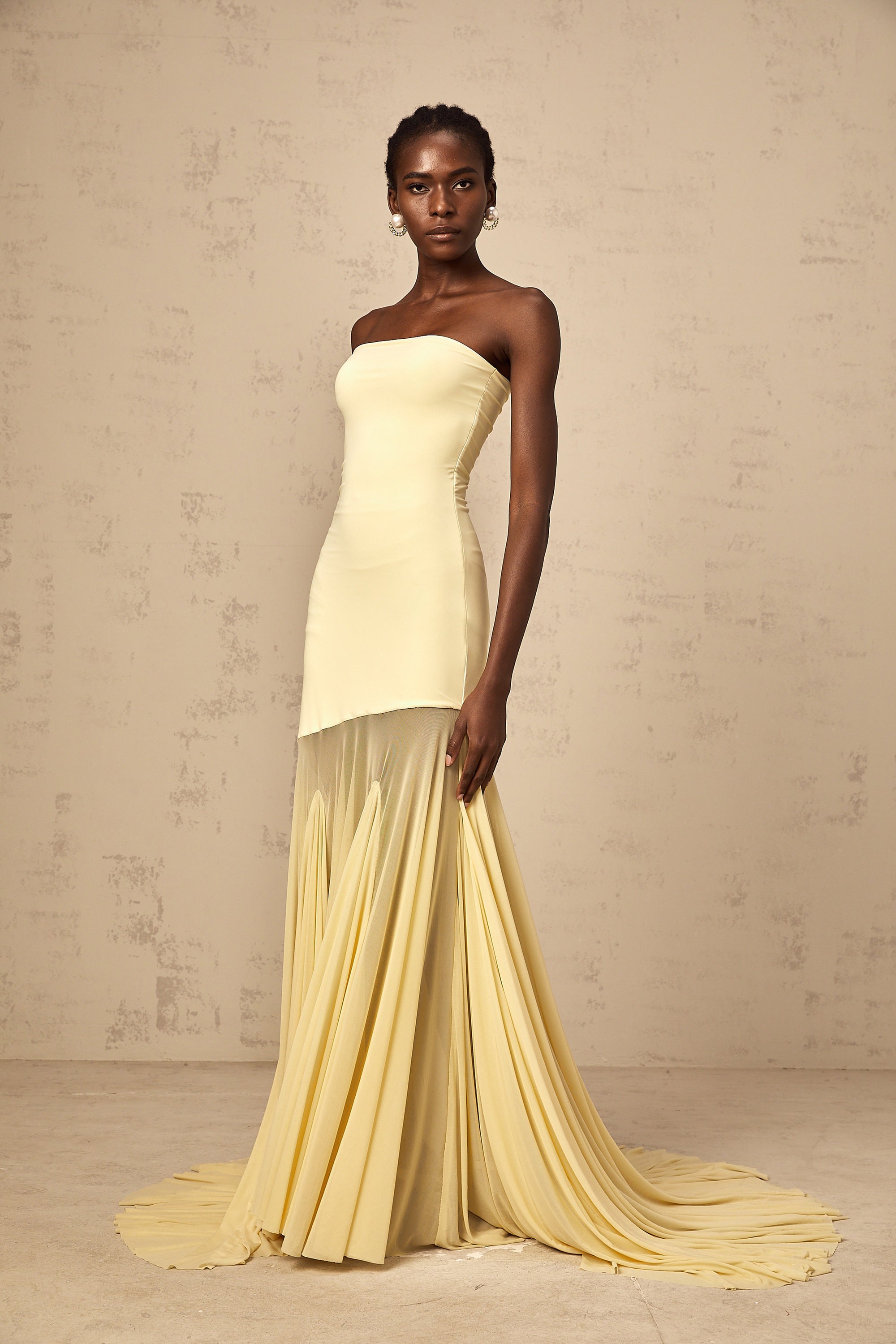Josiane yellow off-shoulder sheer tulle maxi dress