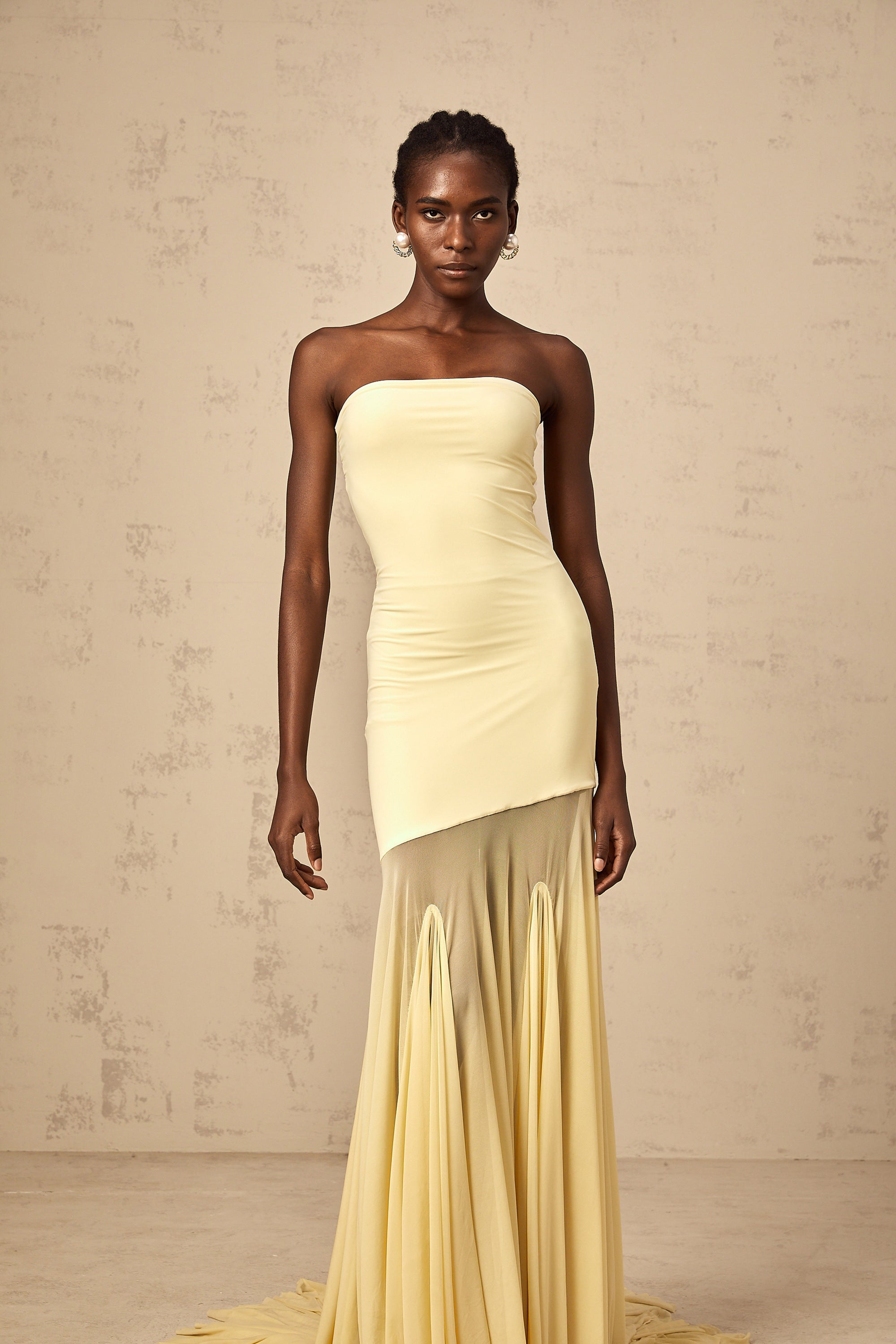 Josiane yellow off-shoulder sheer tulle maxi dress
