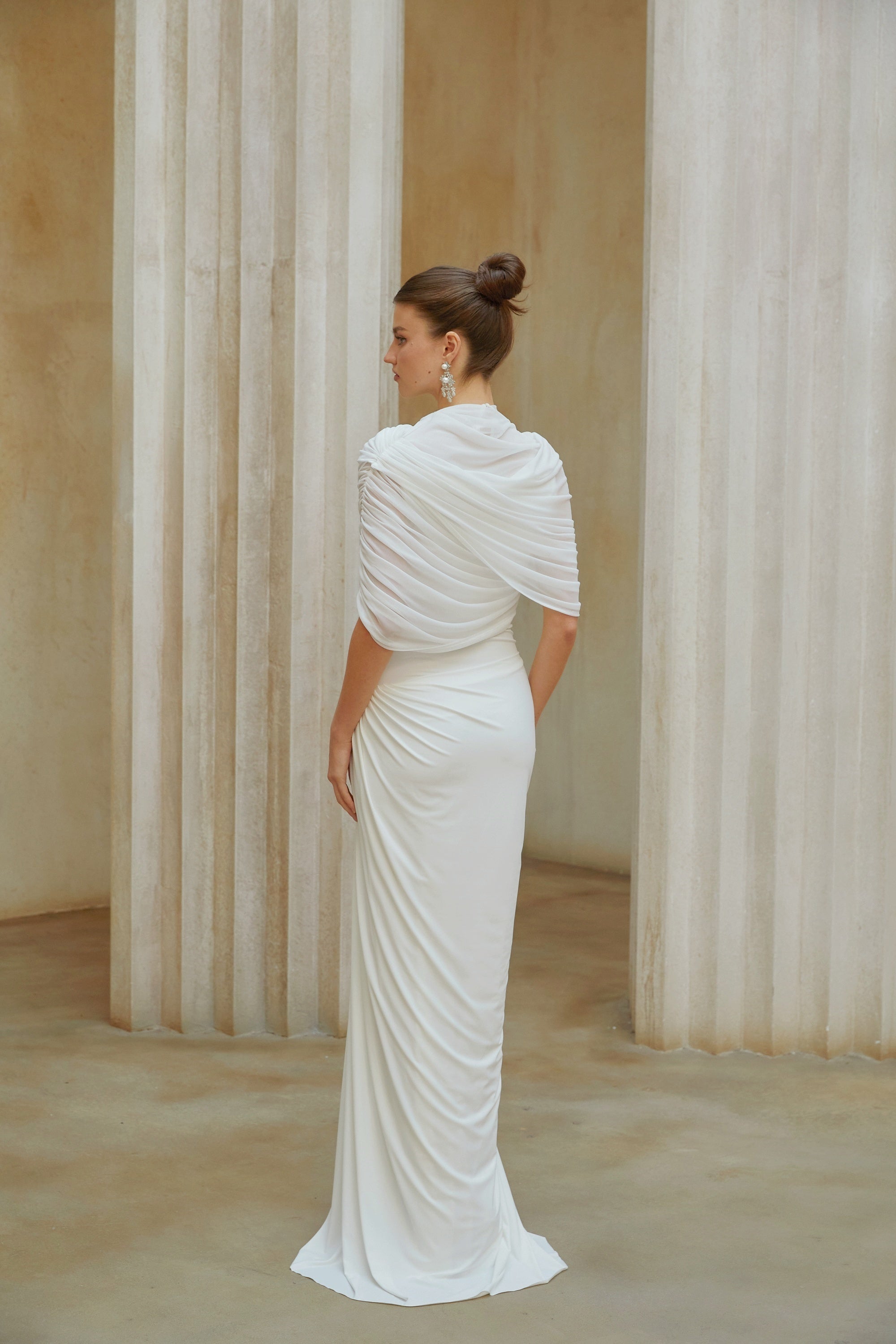 Catherine White Asymmetrical Pleated Maxi Dress