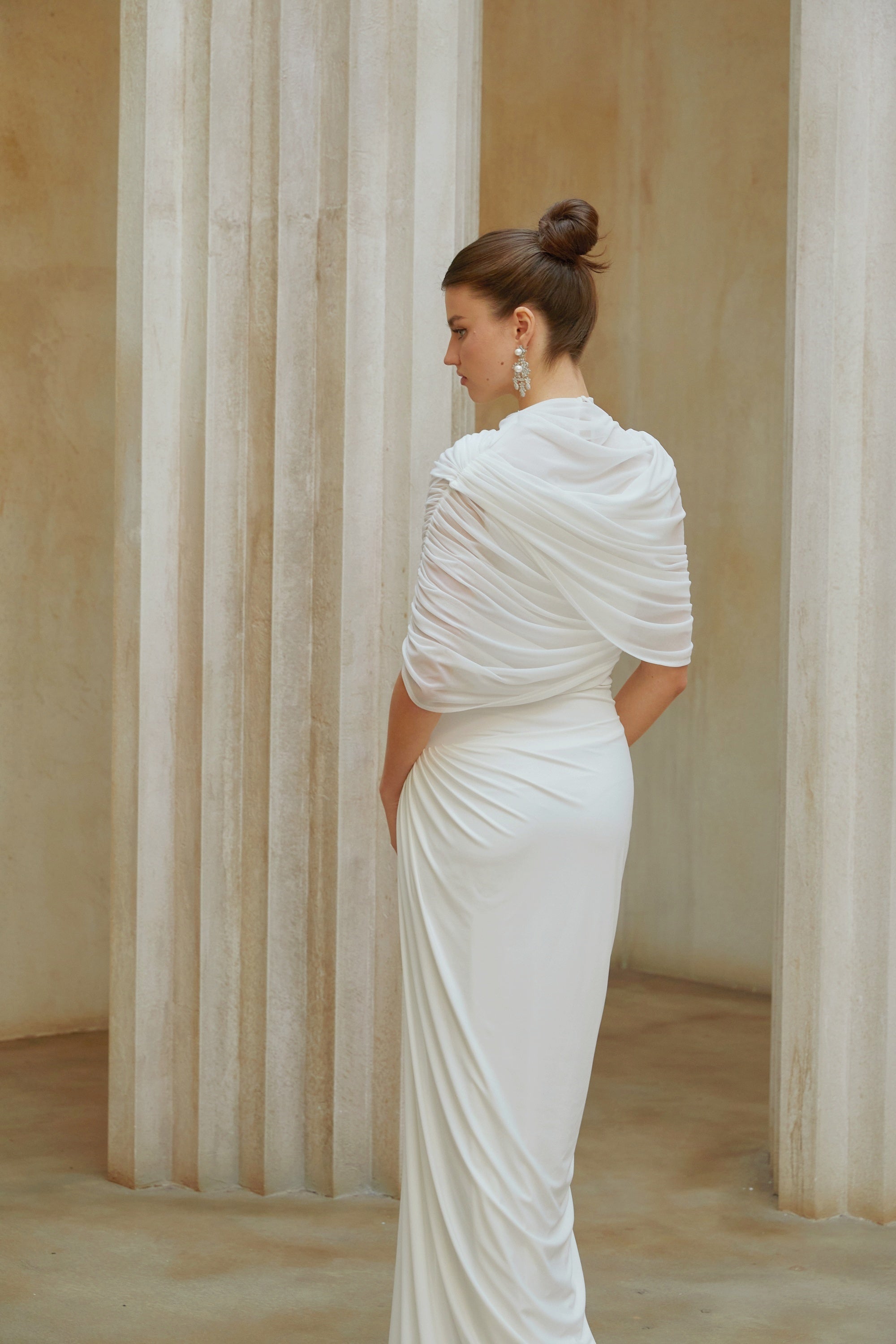 Catherine White Asymmetrical Pleated Maxi Dress