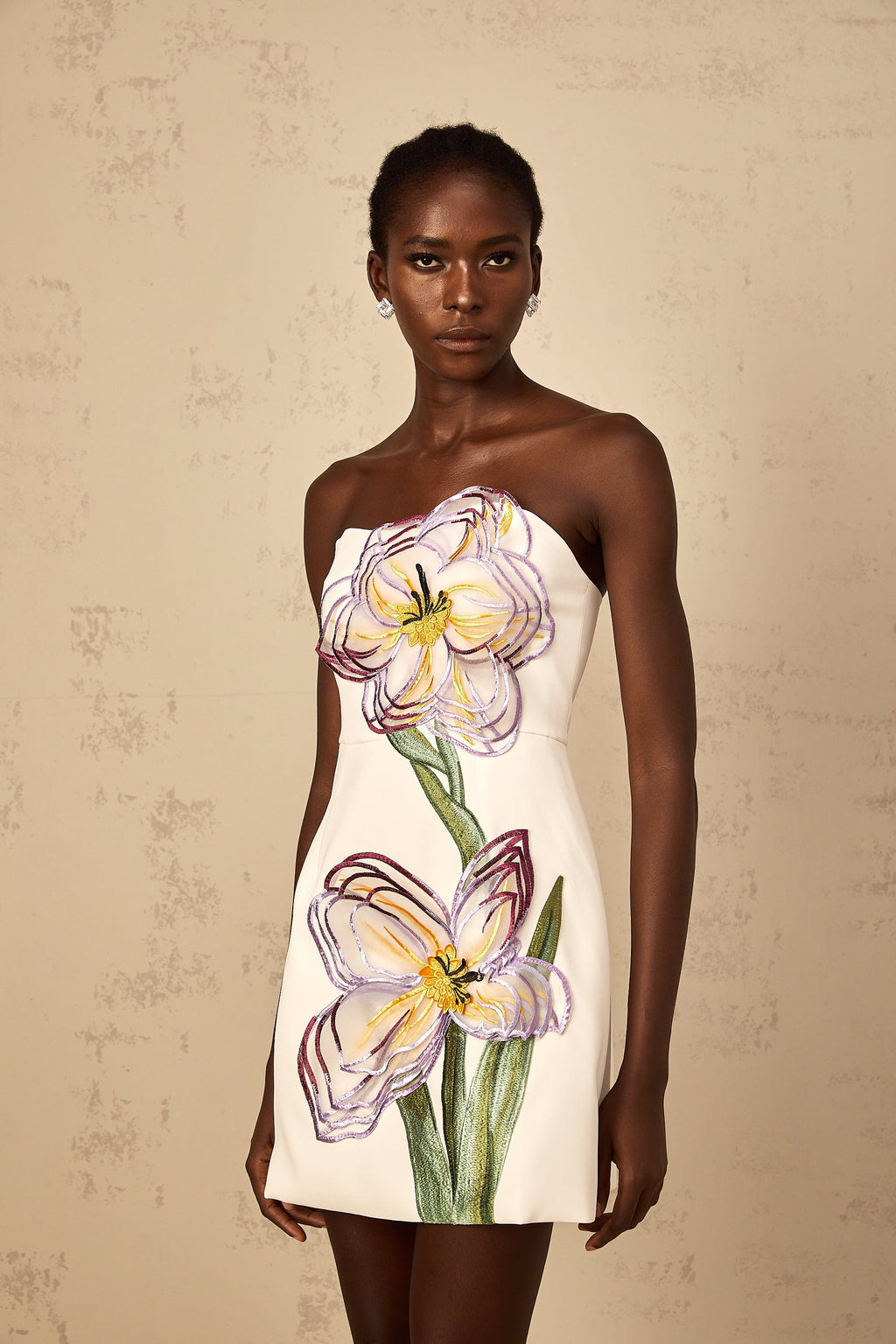 Irène Vit Off-Shoulder Paljett Blommig Broderad Miniklänning