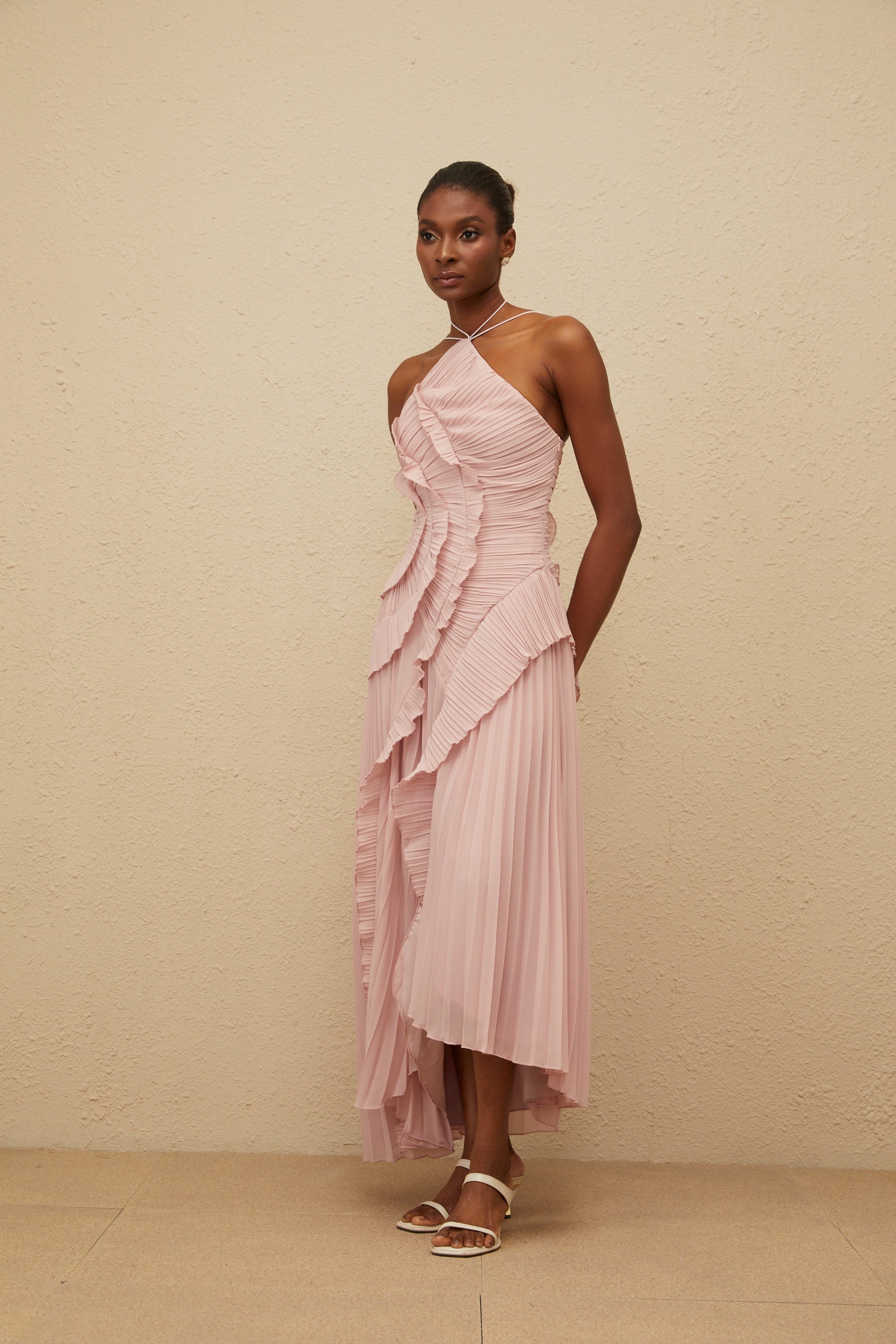 Doux Pink Ruffled Trim Pleated Midi Dress