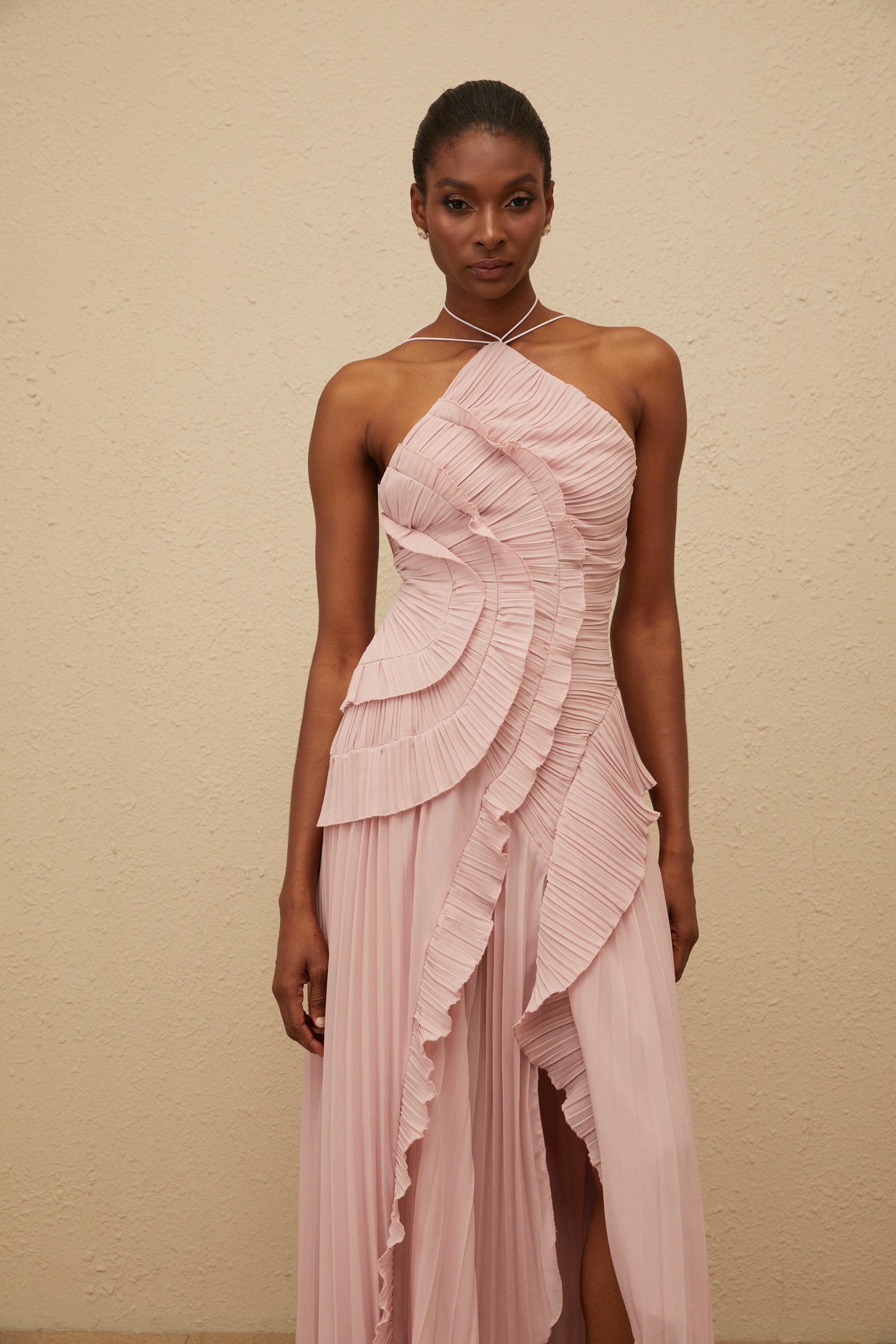 Doux Pink Ruffled Trim Pleated Midi Dress