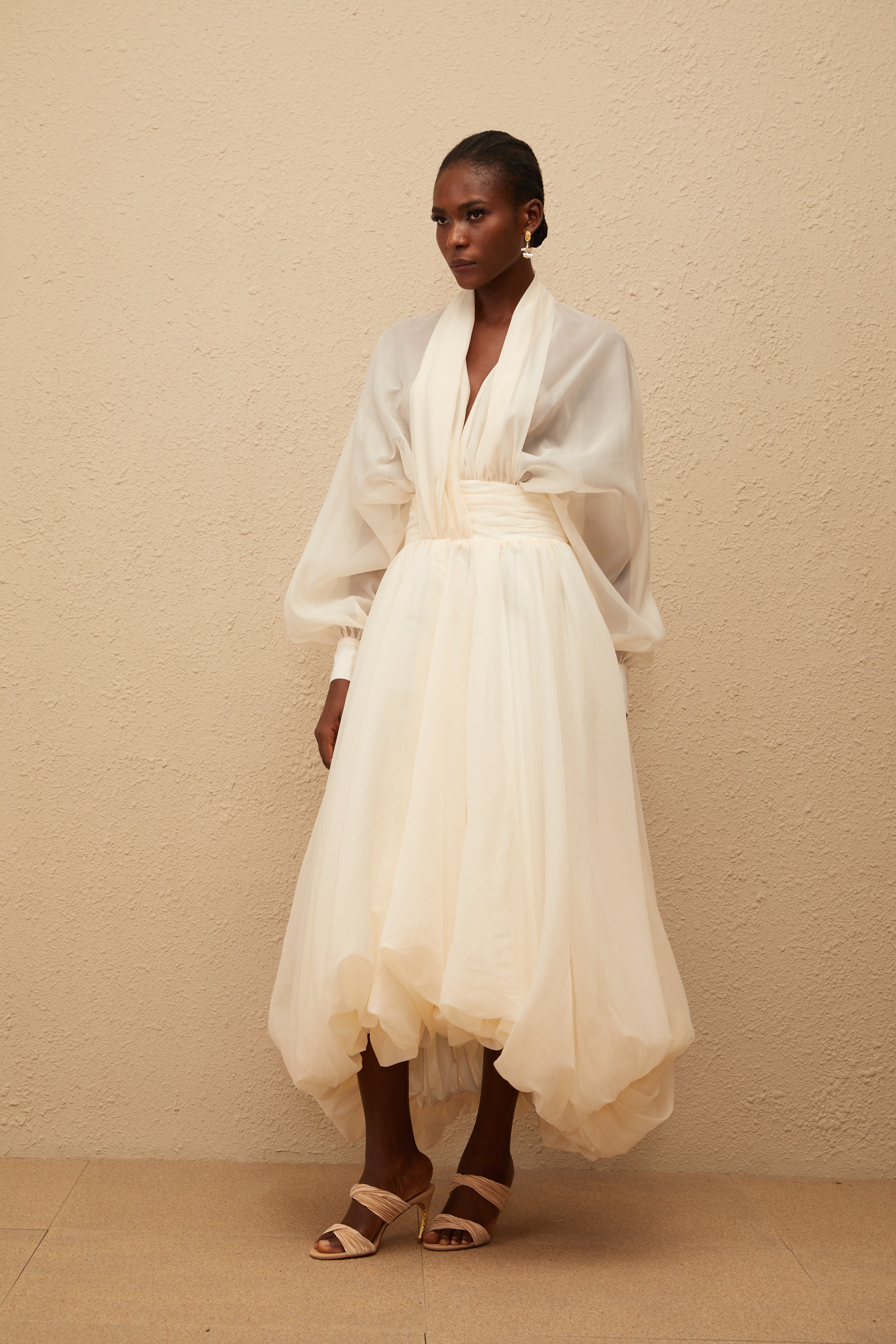 Riley Krämvit Draperad Tyll Maxiklänning