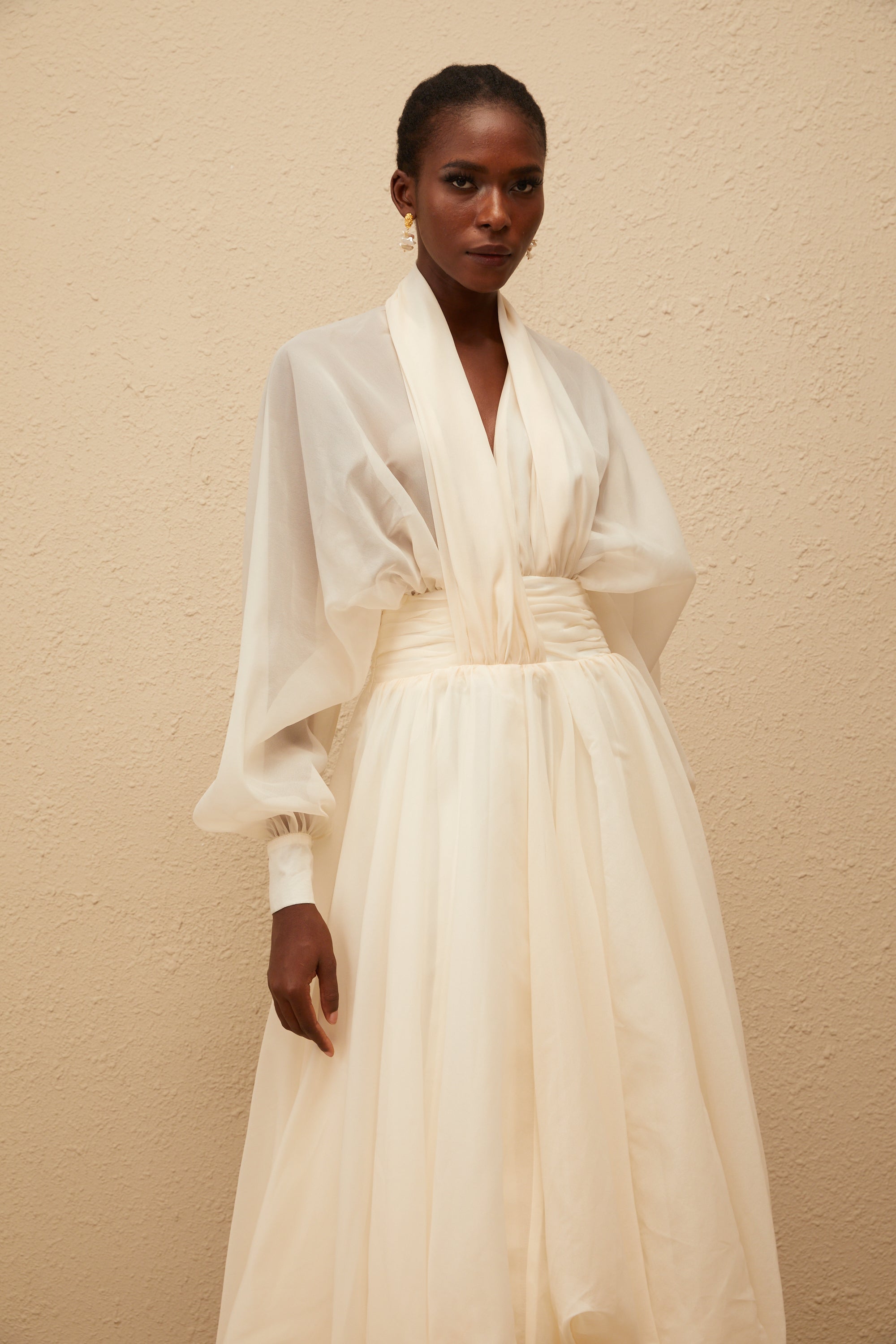 Riley Krämvit Draperad Tyll Maxiklänning