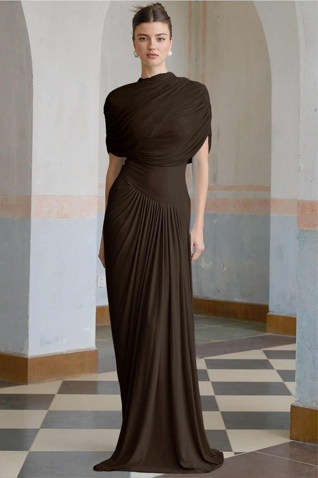Catherine asymmetrical pleated maxi dress in Brown