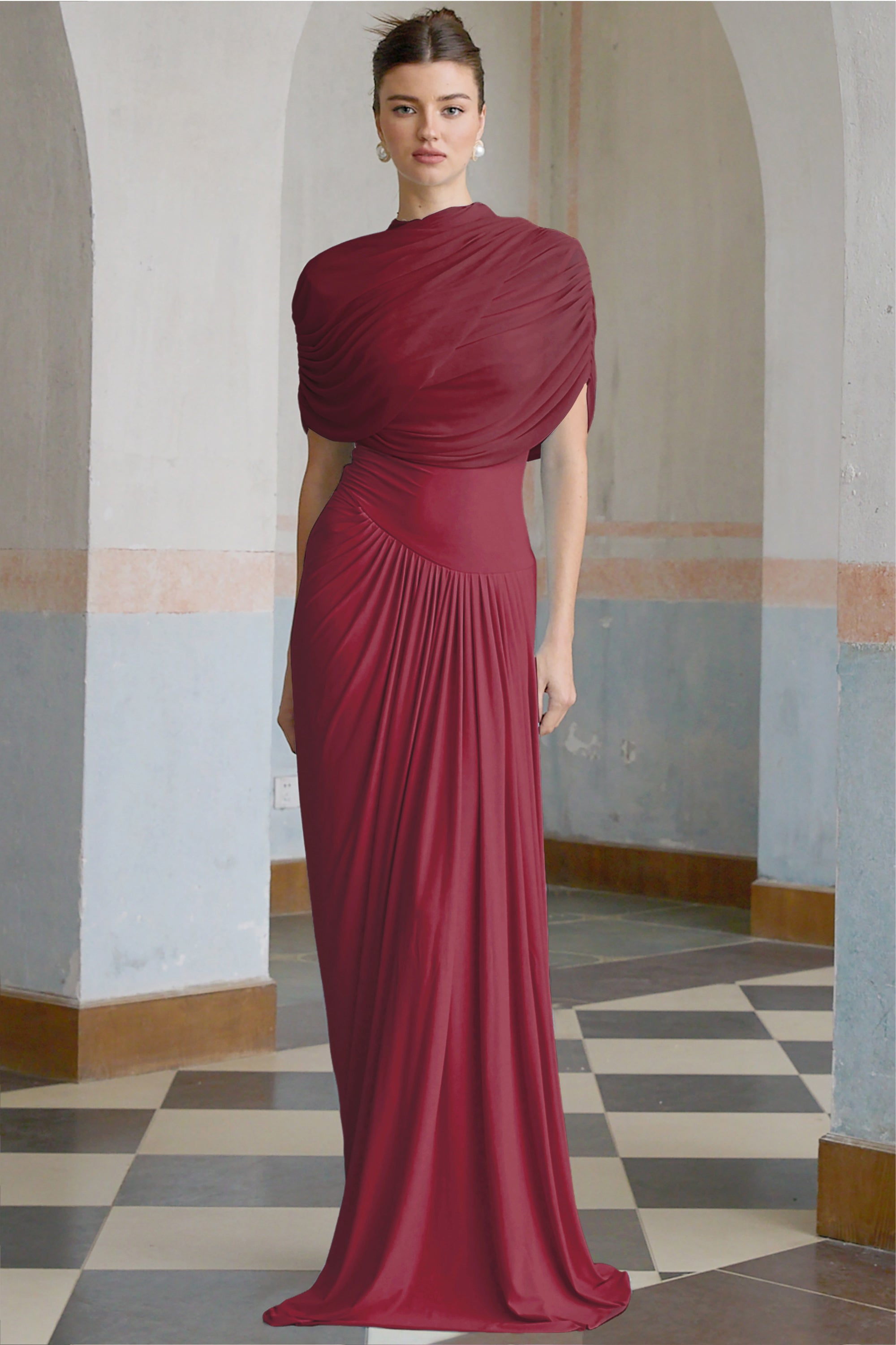 Catherine asymmetrical pleated maxi dress in Red