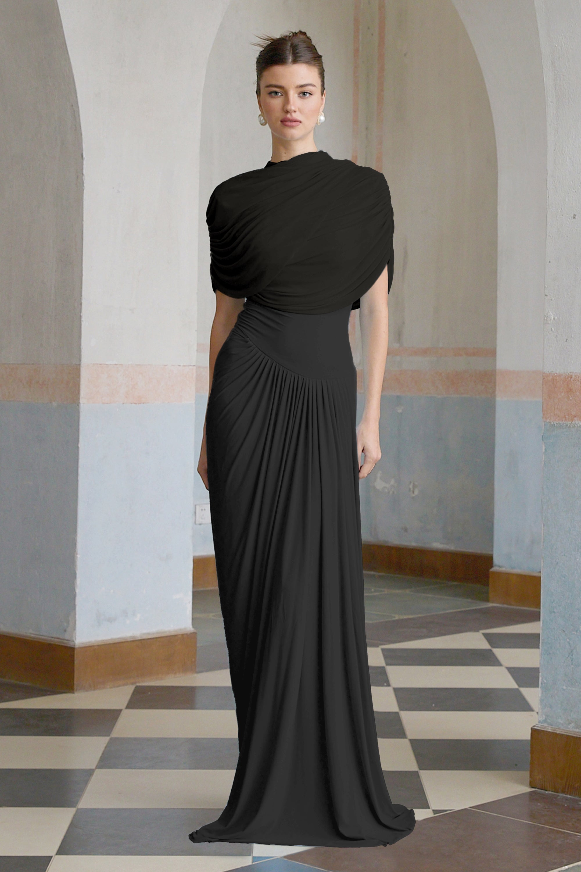 Catherine Black Asymmetrical Pleated Maxi Dress