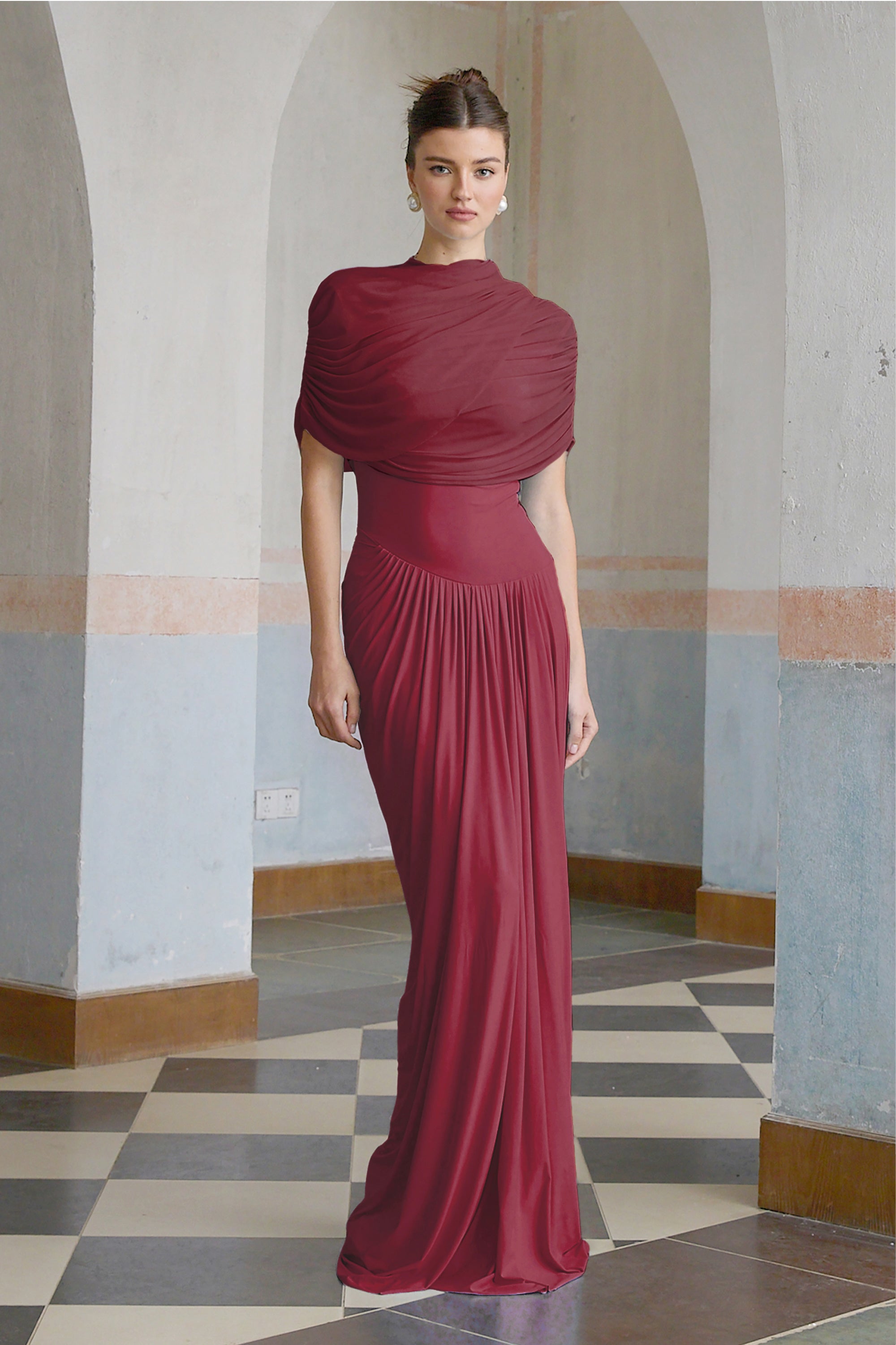 Catherine asymmetrical pleated maxi dress in Red