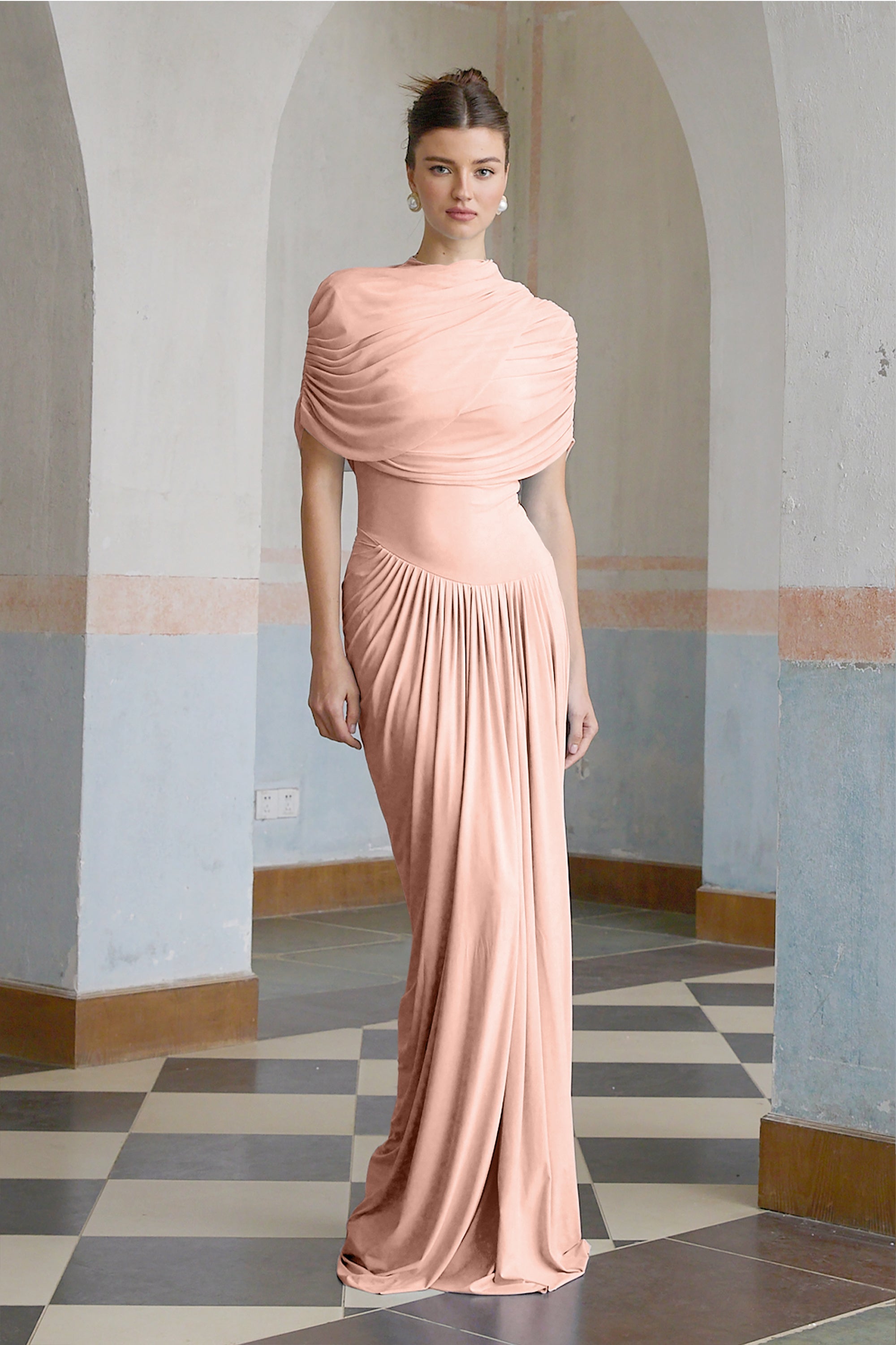 Catherine asymmetrical pleated maxi dress in Pink