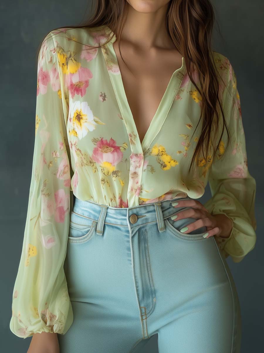 Transparante Chiffon Blouse met Bloemenprint