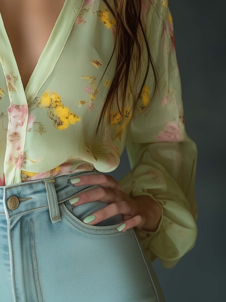 Transparante Chiffon Blouse met Bloemenprint