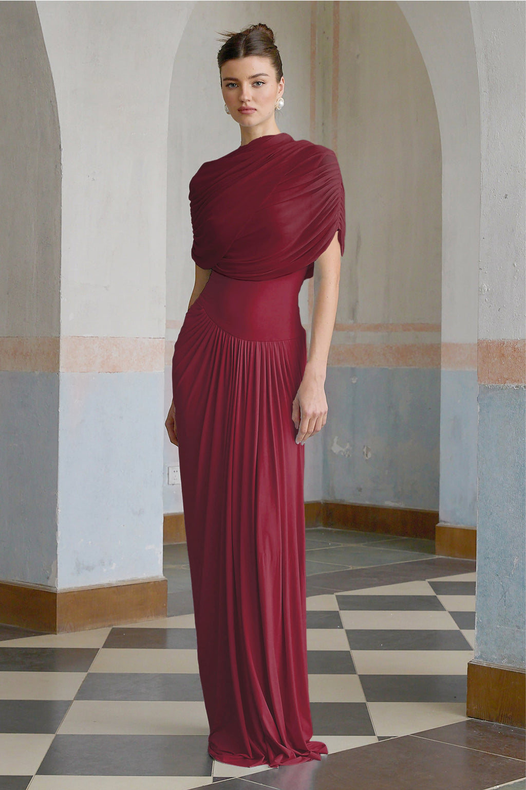 Catherine asymmetrical pleated maxi dress in Red