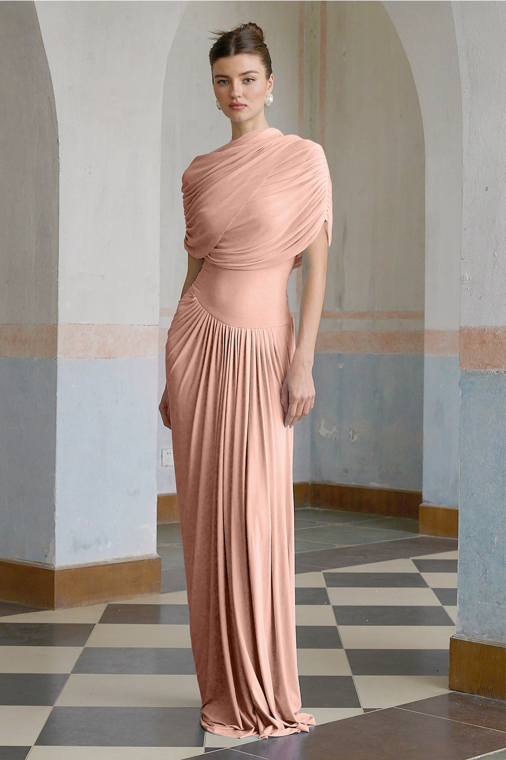 Catherine asymmetrical pleated maxi dress in Pink