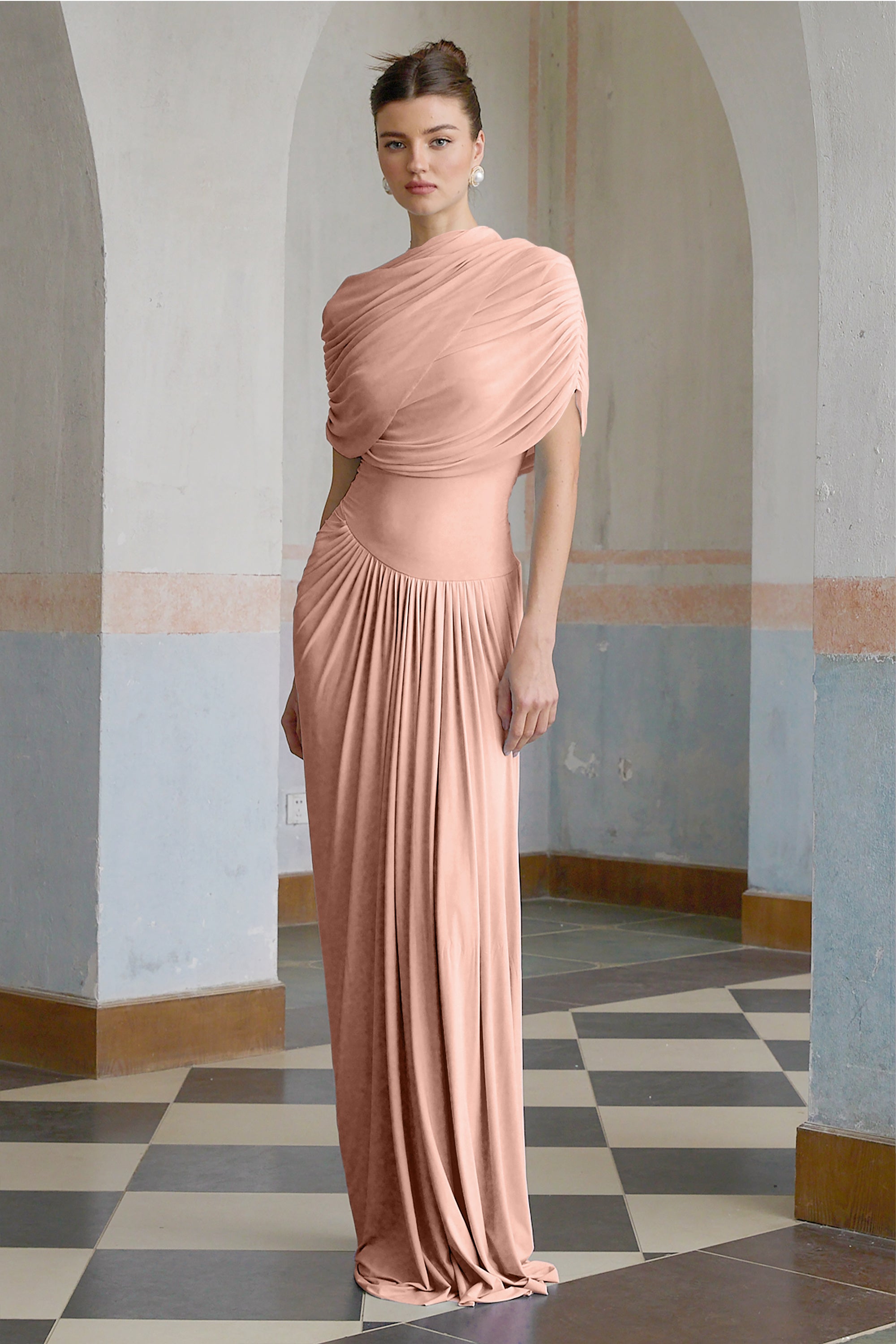 Catherine asymmetrical pleated maxi dress in Pink