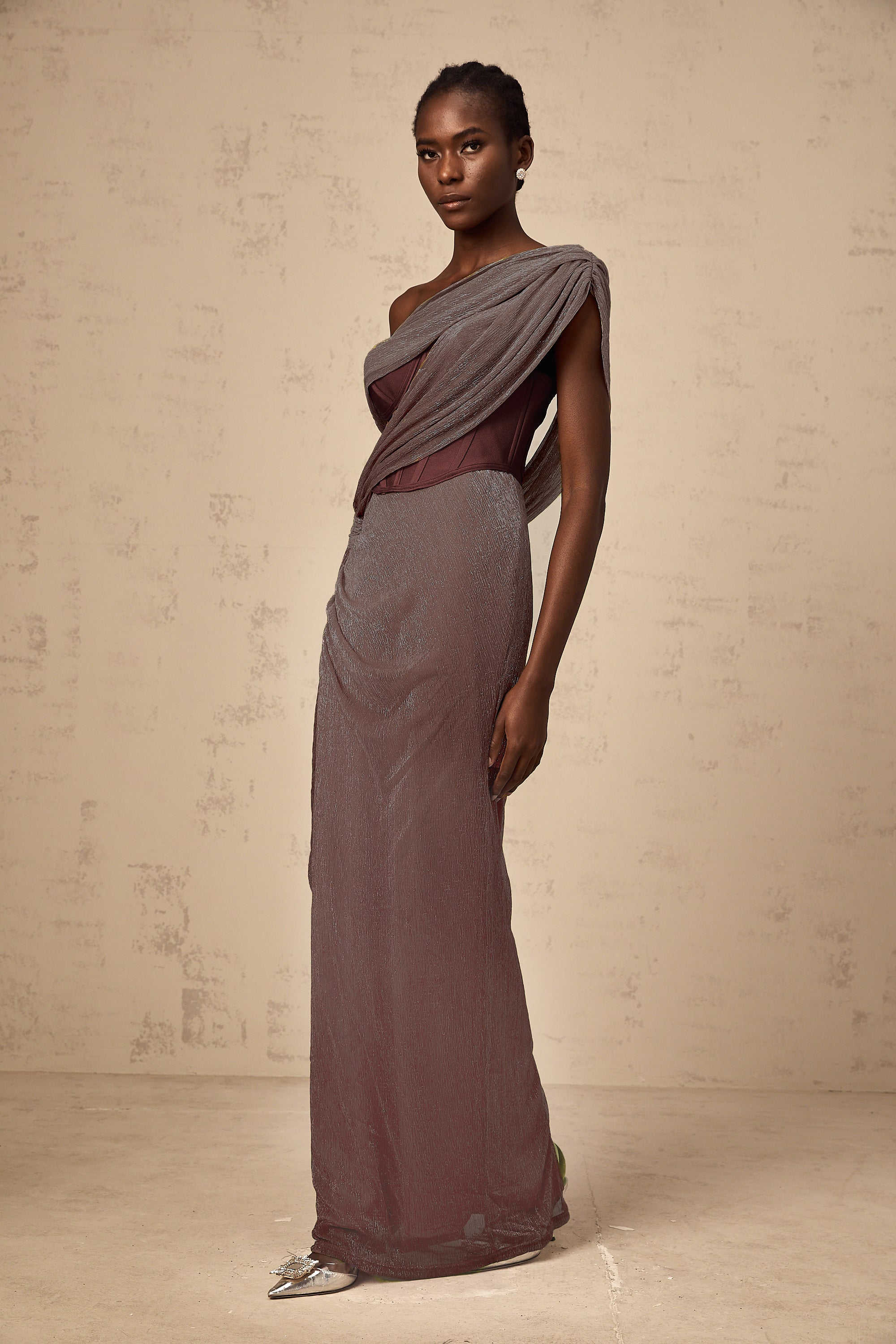 Delphine ribbon-design corset maxi dress in Brown