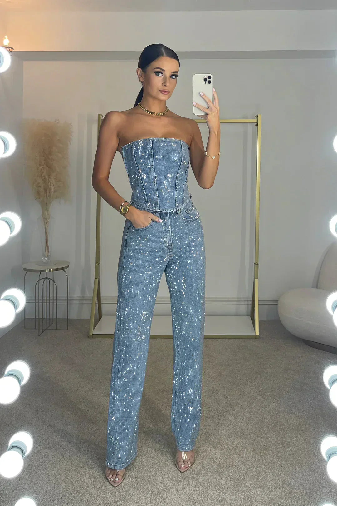 Cato | Elegante Strapless Jumpsuit - Trendy Look, Denim Stof