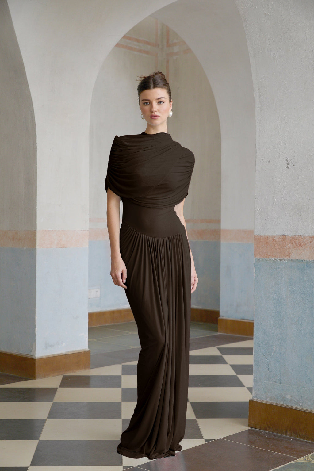 Catherine asymmetrical pleated maxi dress in Brown